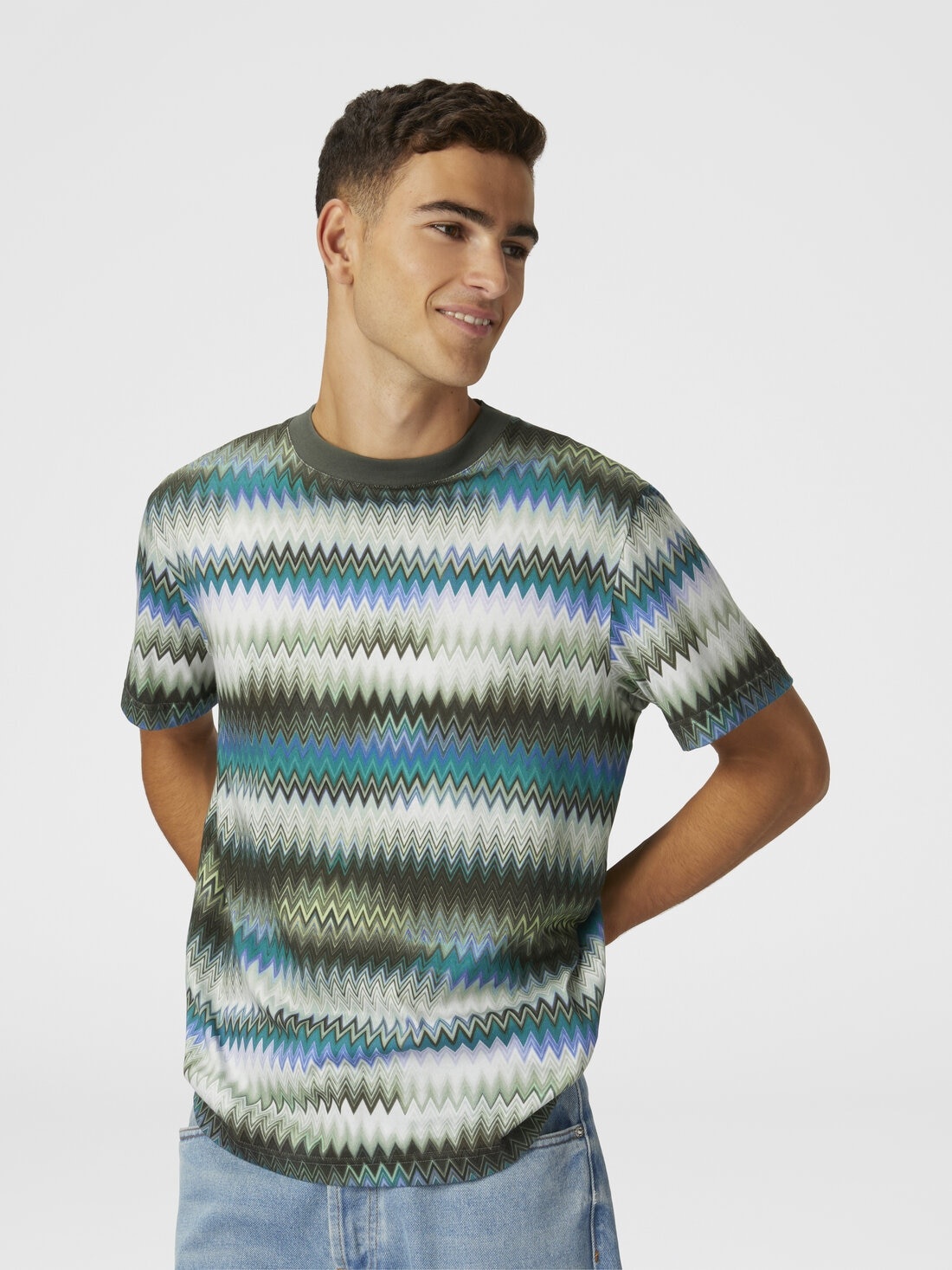 Cotton crewneck T-shirt with gradient micro zigzag print - 4
