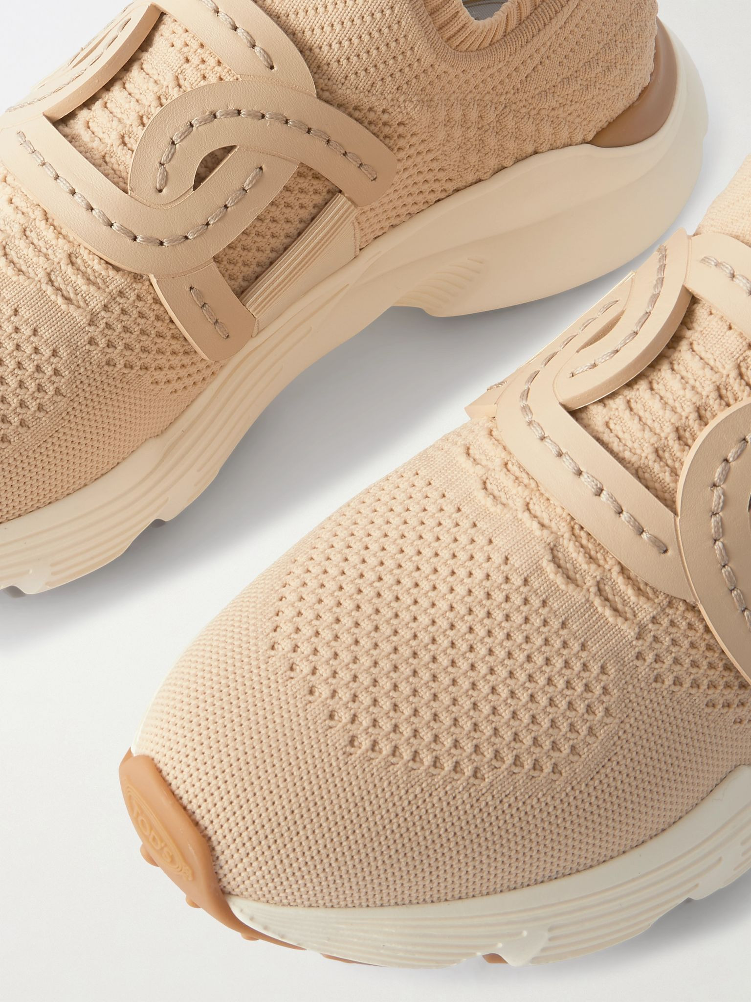 Leather-trimmed stretch-knit slip-on sneakers Beige - 4