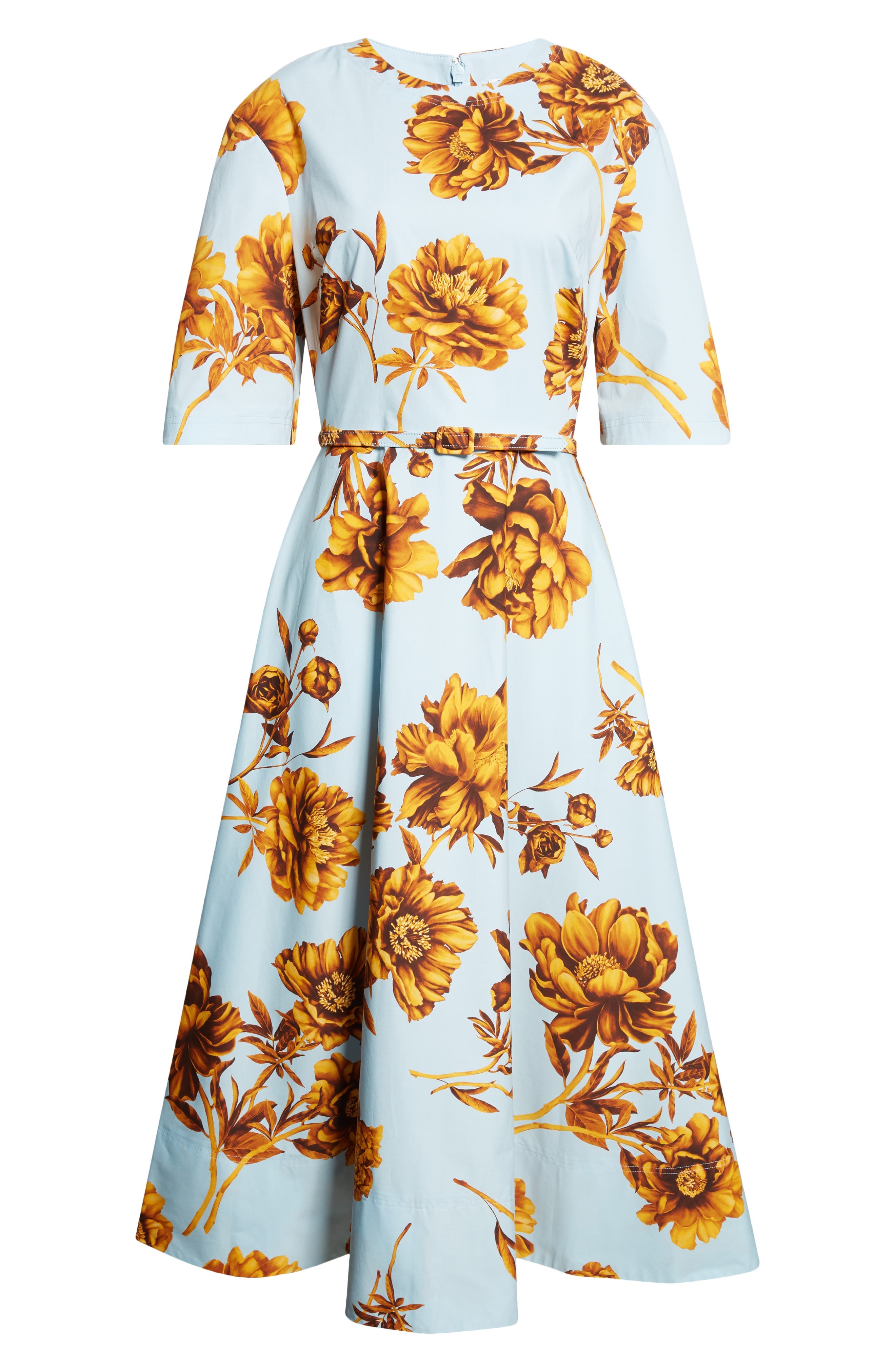 Oscar de la Renta Tonal Peony Print Stretch Poplin Belted Dress in Brown/Ice Blue at Nordstrom - 5