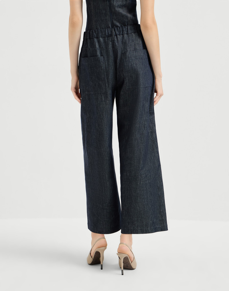 Brunello Cucinelli Denim-effect twill pleated A-line trousers with shiny loop outlook