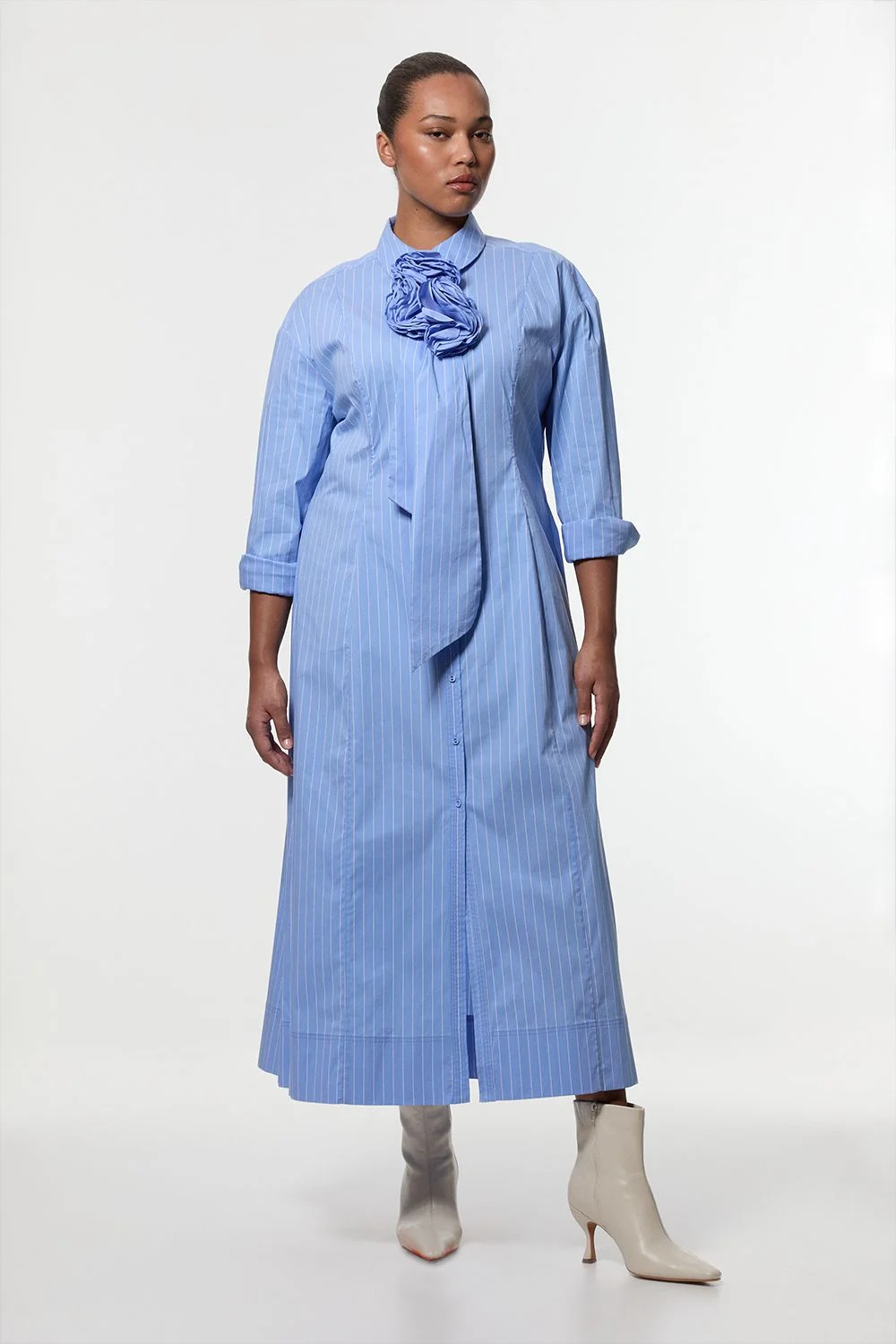 Plus Size Stripe Cotton Rosette Woven Shirt Maxi Dress - 1