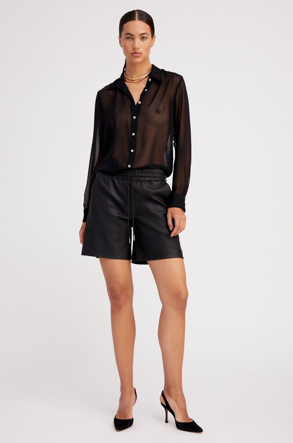 BLACK SILK FITTED BUTTON DOWN - 2