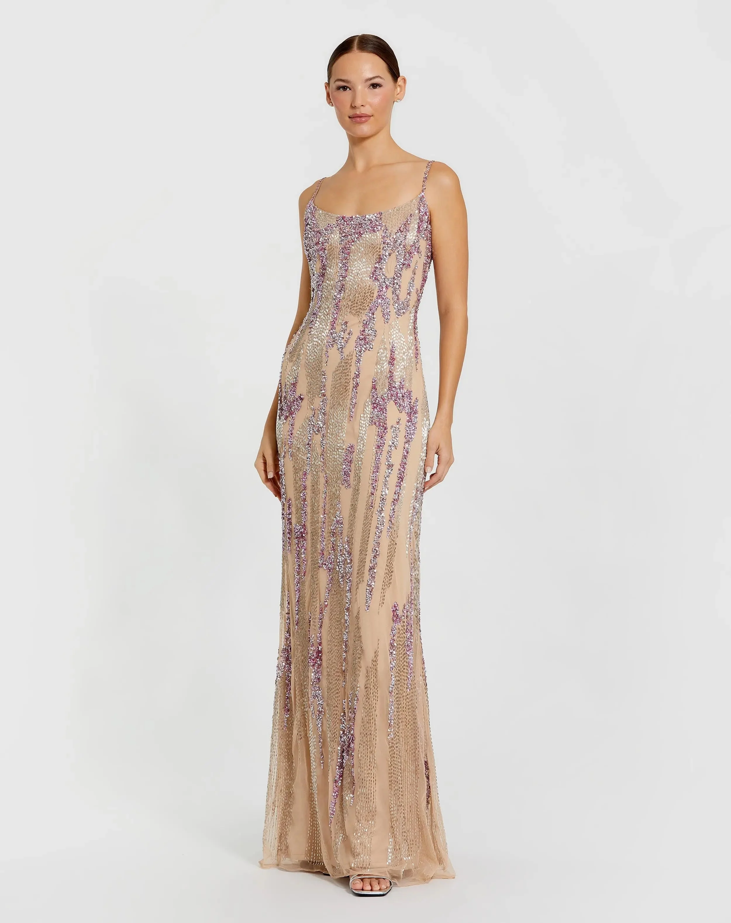 Beige Spaghetti Strap Beaded Column Gown - 1