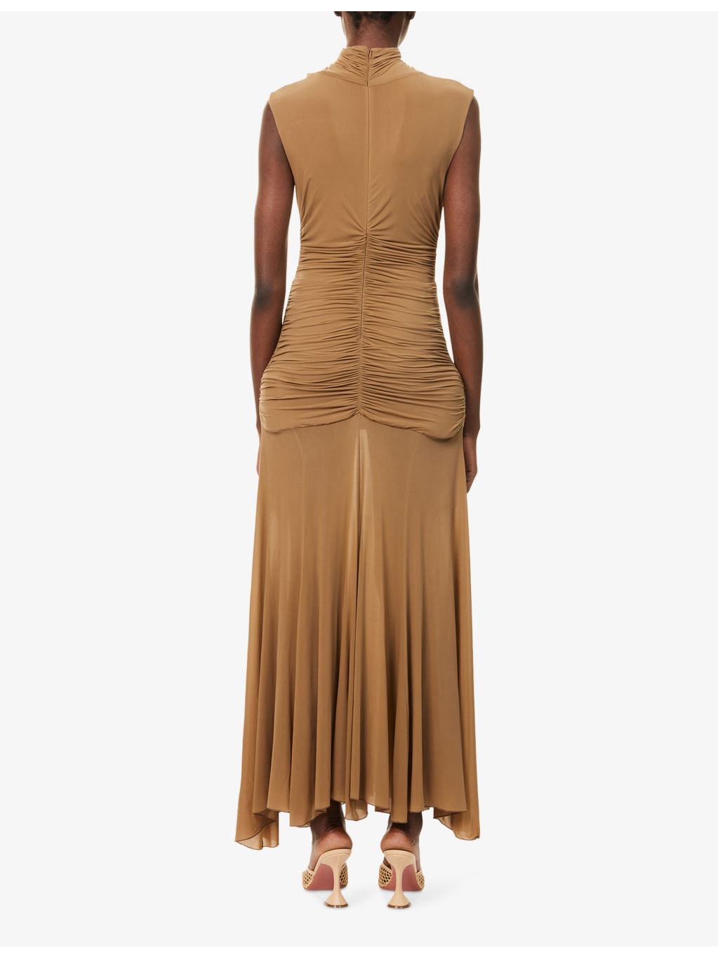 High-Neck Ruched Stretch-Woven Midi Dress - 4