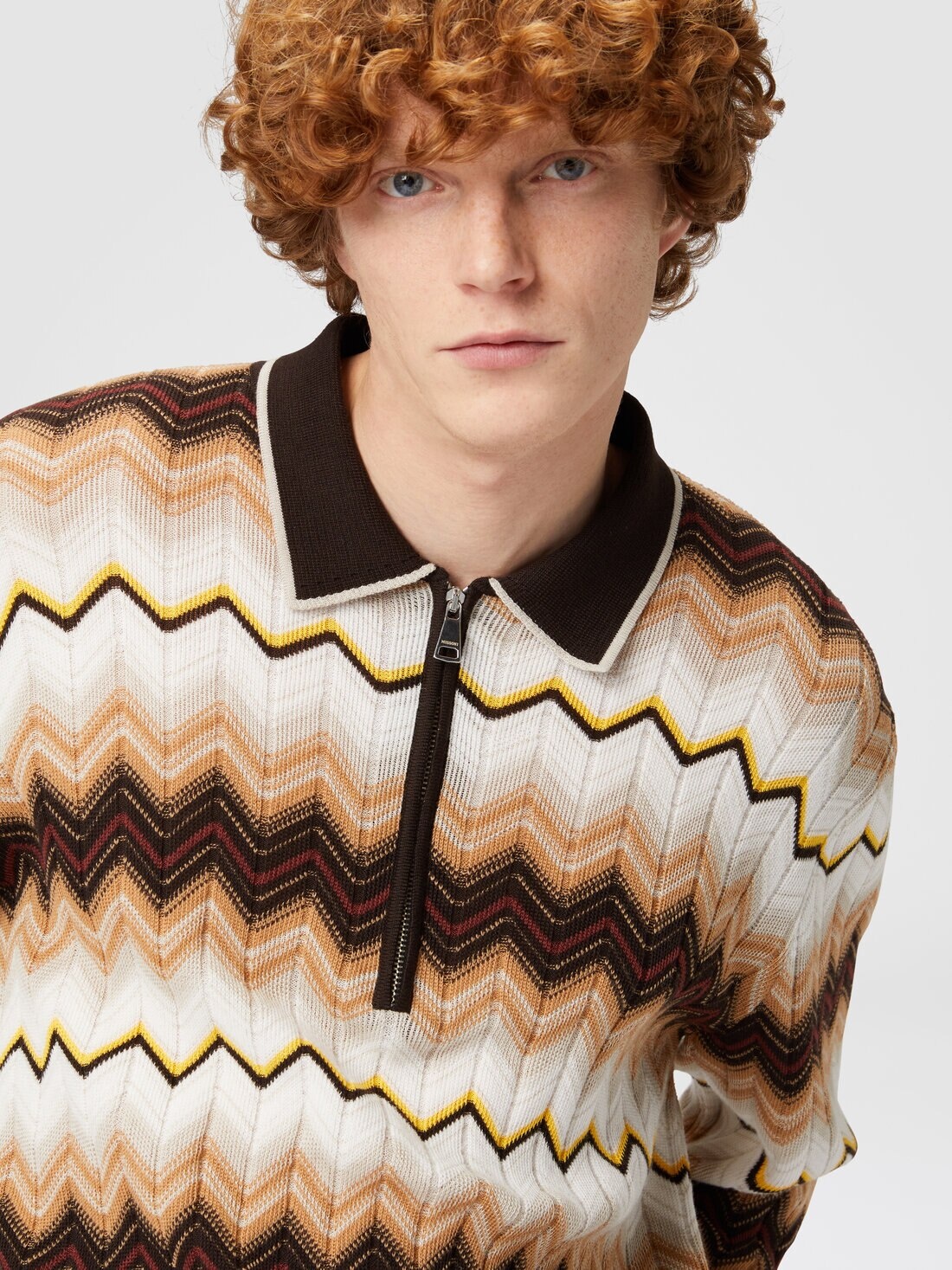 Long-sleeved polo shirt in wool and zigzag cotton - 5
