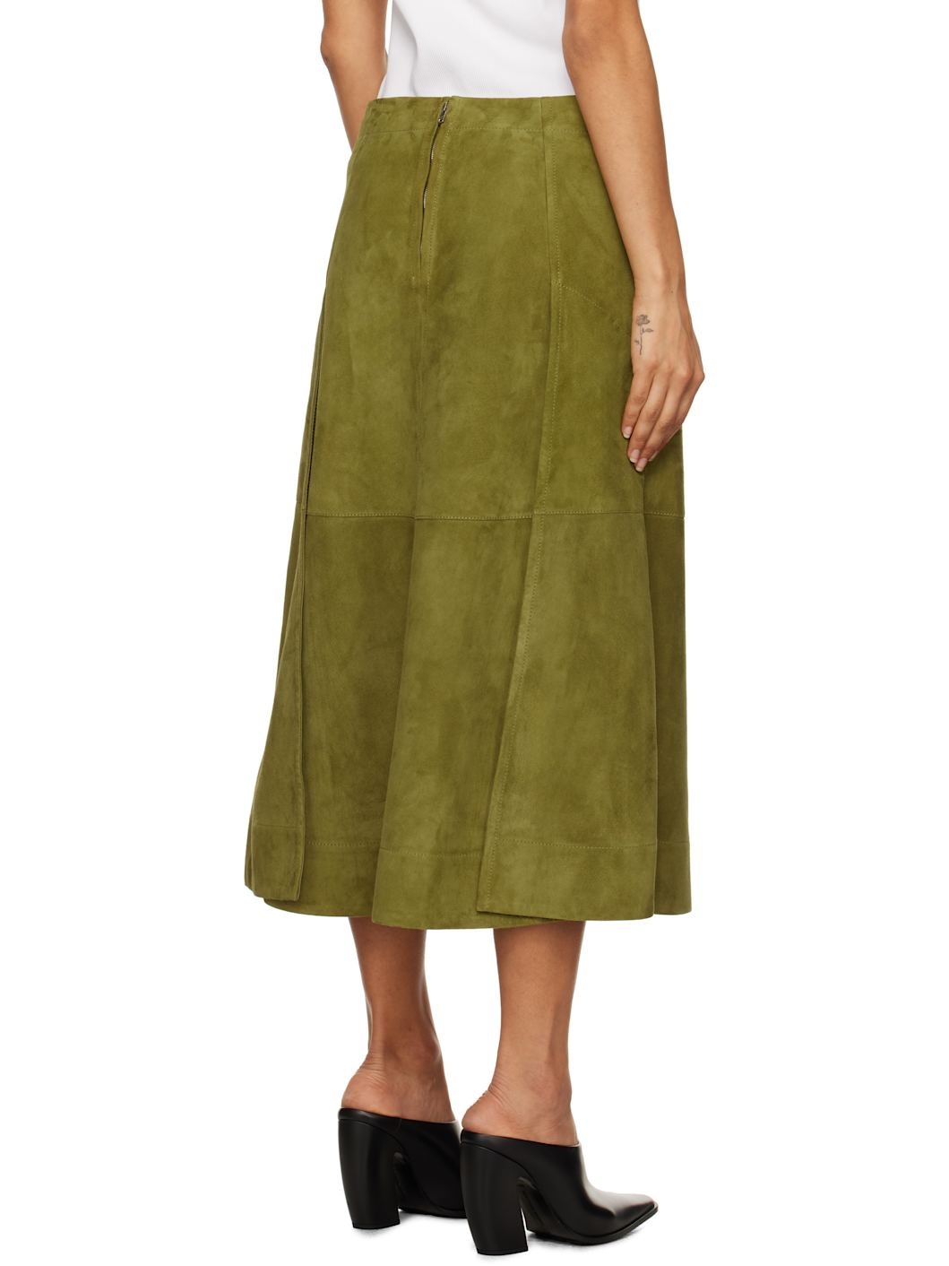 Green Full Grain Suede Midi Skirt - 3