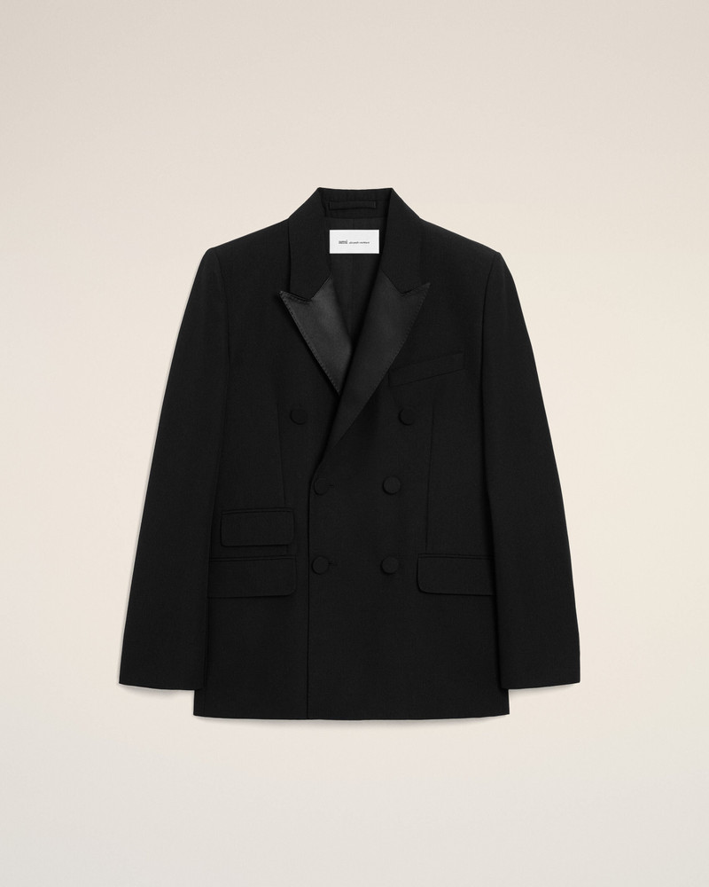 BLACK NEW WOOL DOUBLE BREASTED STRAIGHT SMOCKING JACKET 1