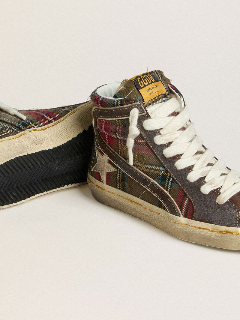 Women's Slide in red tartan with silver nappa leather star and black suede flash 3