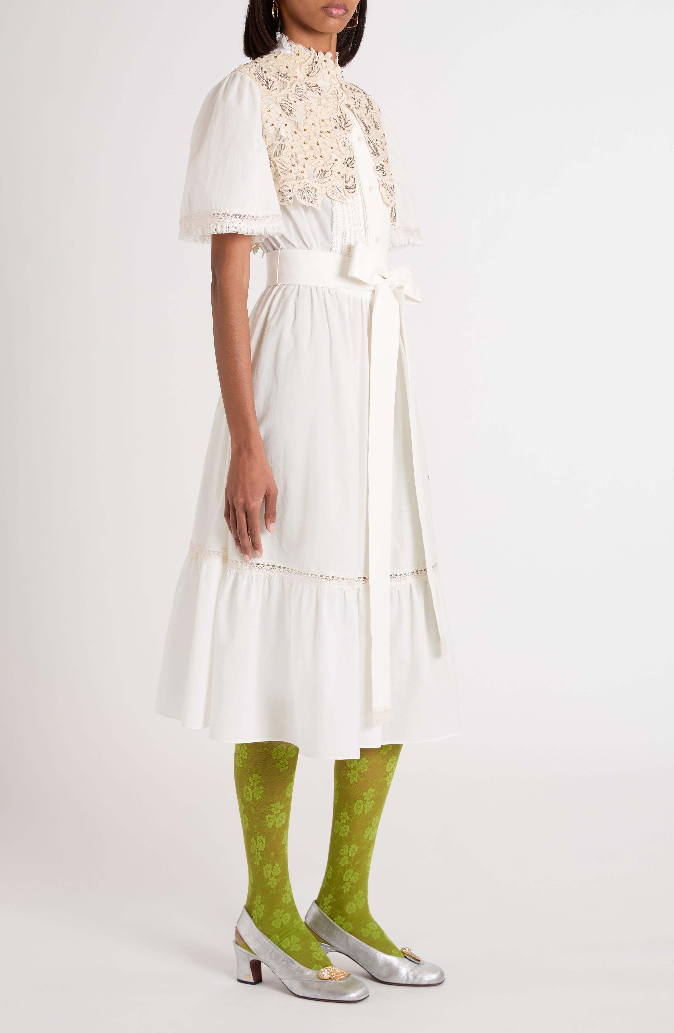 Valentino Garavani Lace Embellished Cotton Muslin Midi Dress in Ivory at Nordstrom - 3