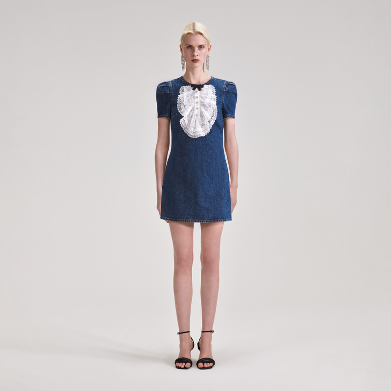 self-portrait Lace Bib Denim Mini Dress - PF23-806S-BL | REVERSIBLE