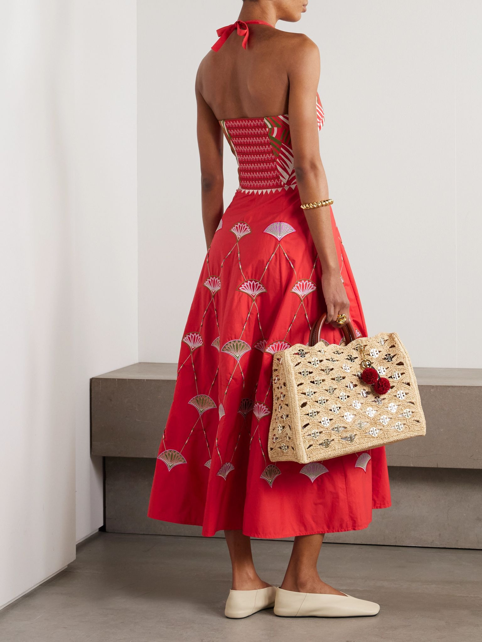 Lotty bead-embellished embroidered cotton-blend poplin halterneck midi dress Red - 3