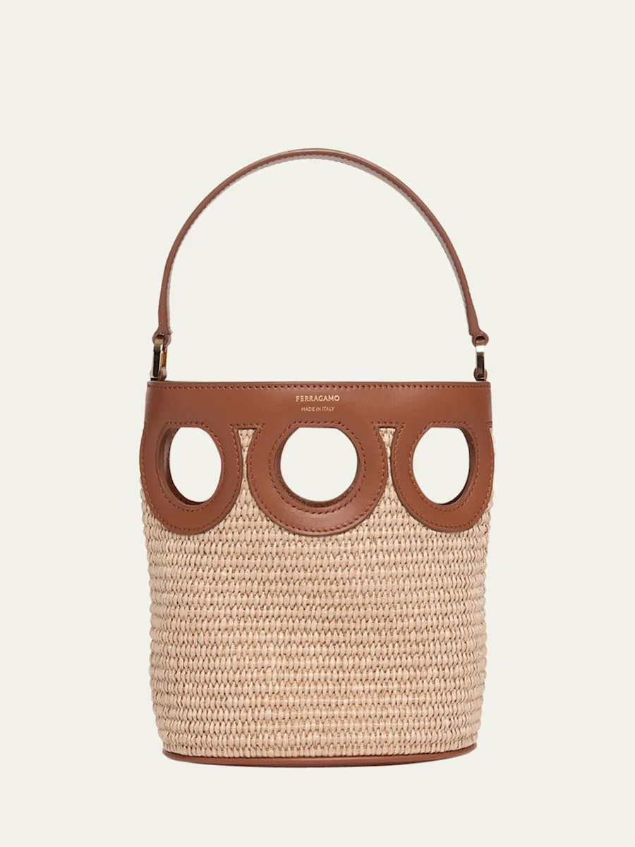 Gancini Frame Raffia Bucket Bag - 1