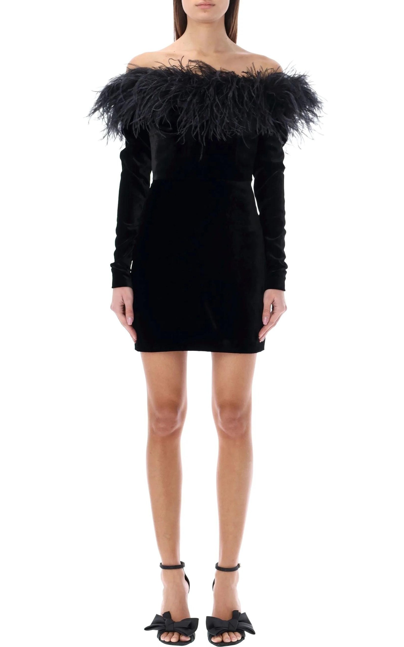 Feather-trim Velvet Mini Dress - 7