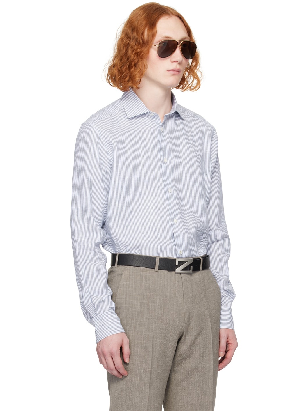 White & Blue Spread Collar Shirt - 2