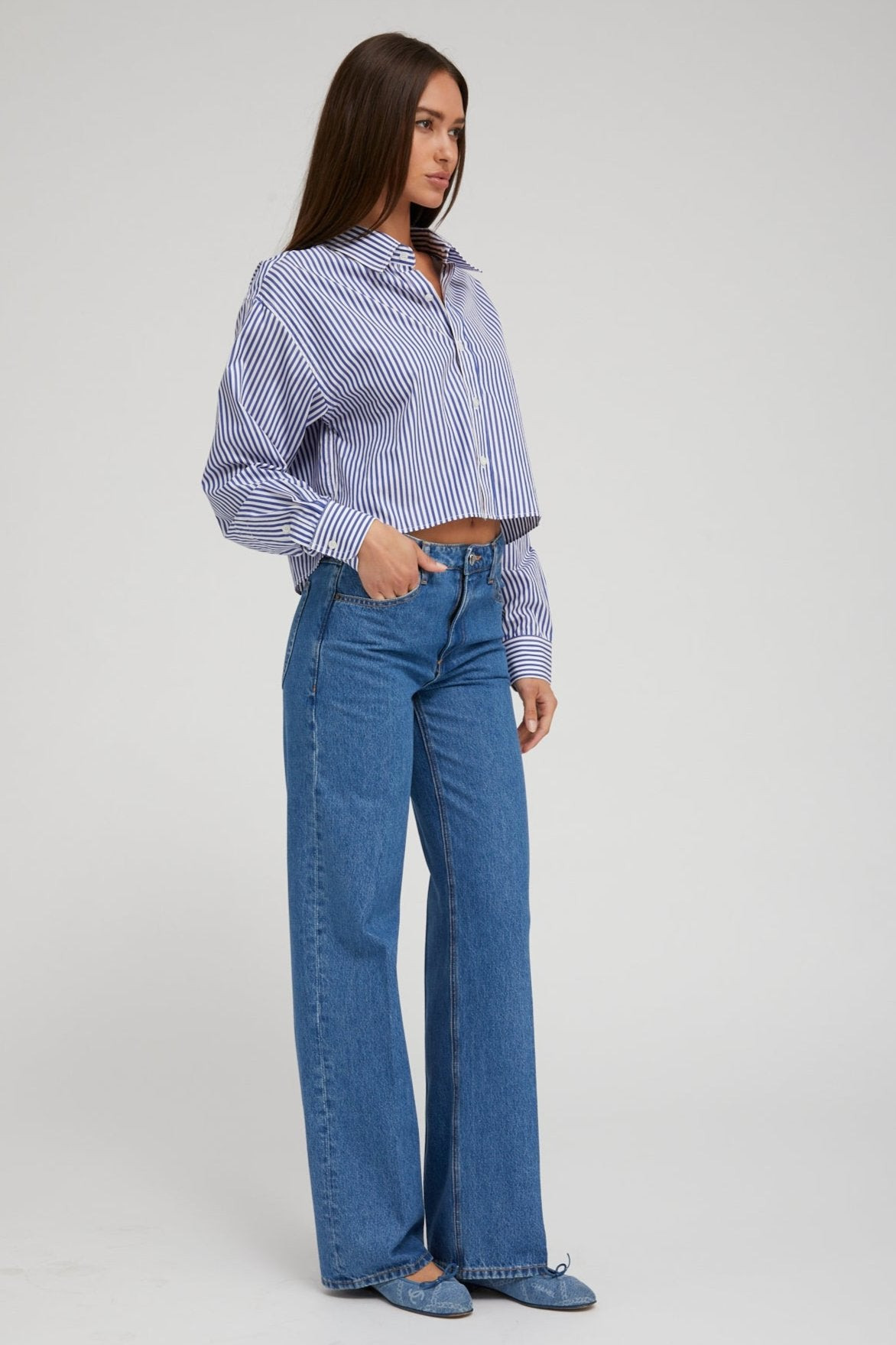 ROYAL BLUE STRIPED CROPPED BUTTON DOWN - 8