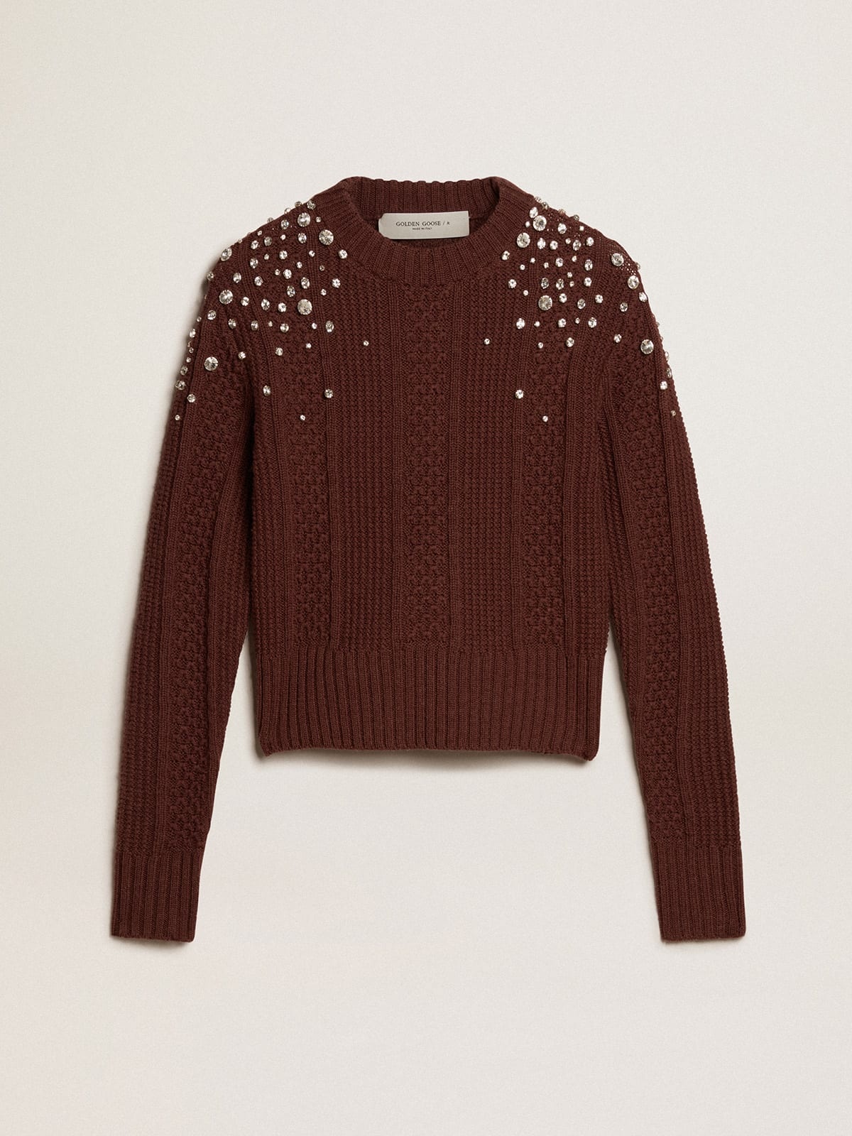 Cropped sweater in burgundy wool with crystals - 1