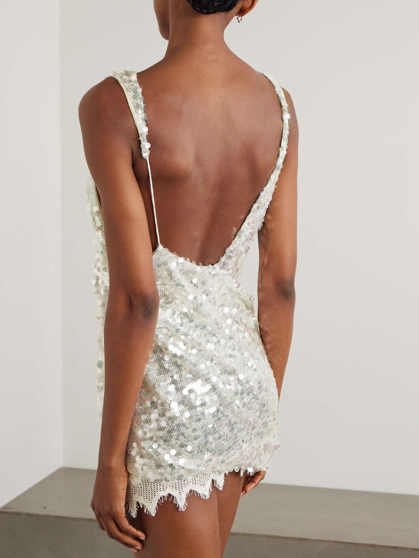 Cotton-blend lace-trimmed sequined mesh mini dress - 3
