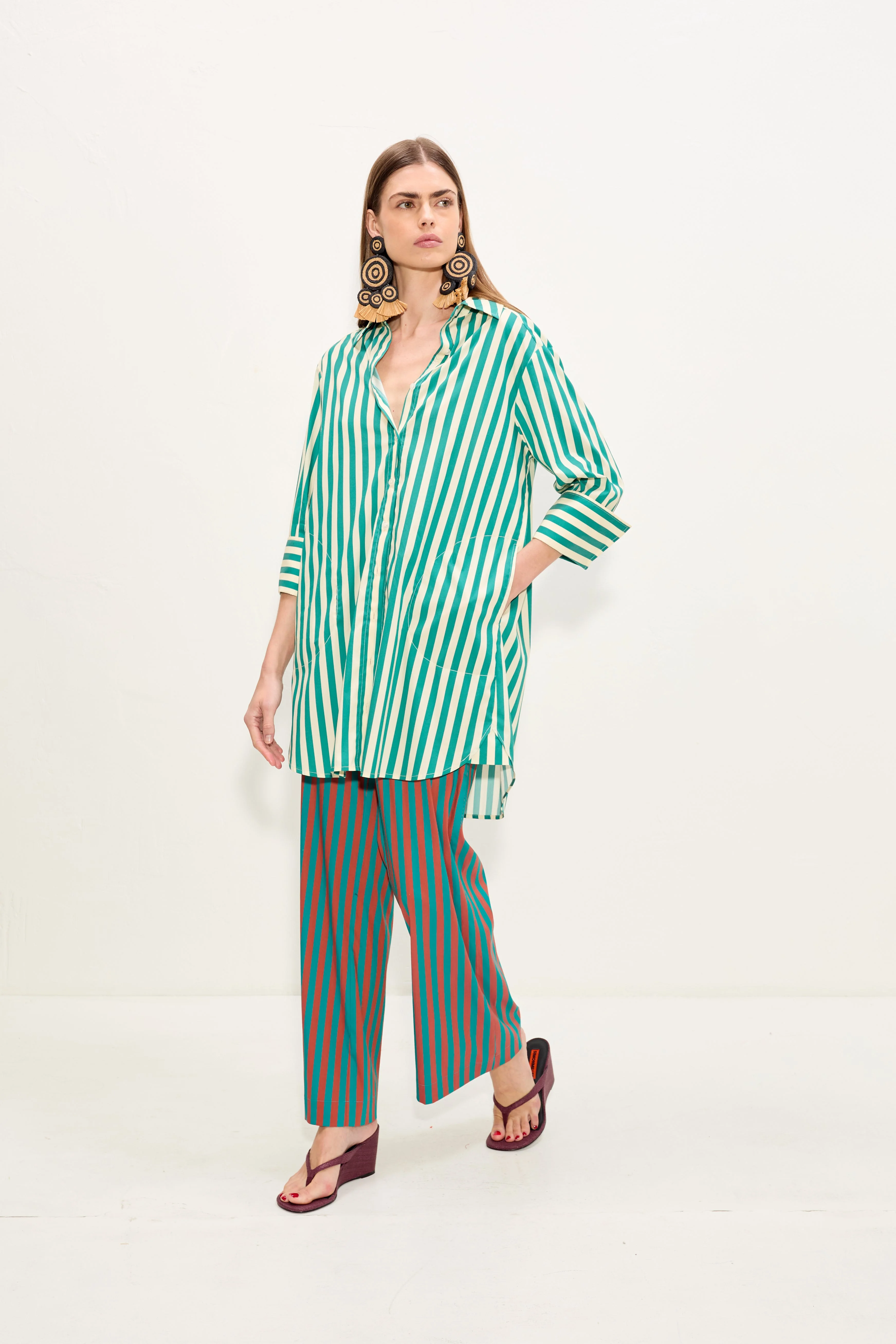 Kena Poplin Dress In Teal/Cream Stripe - 1
