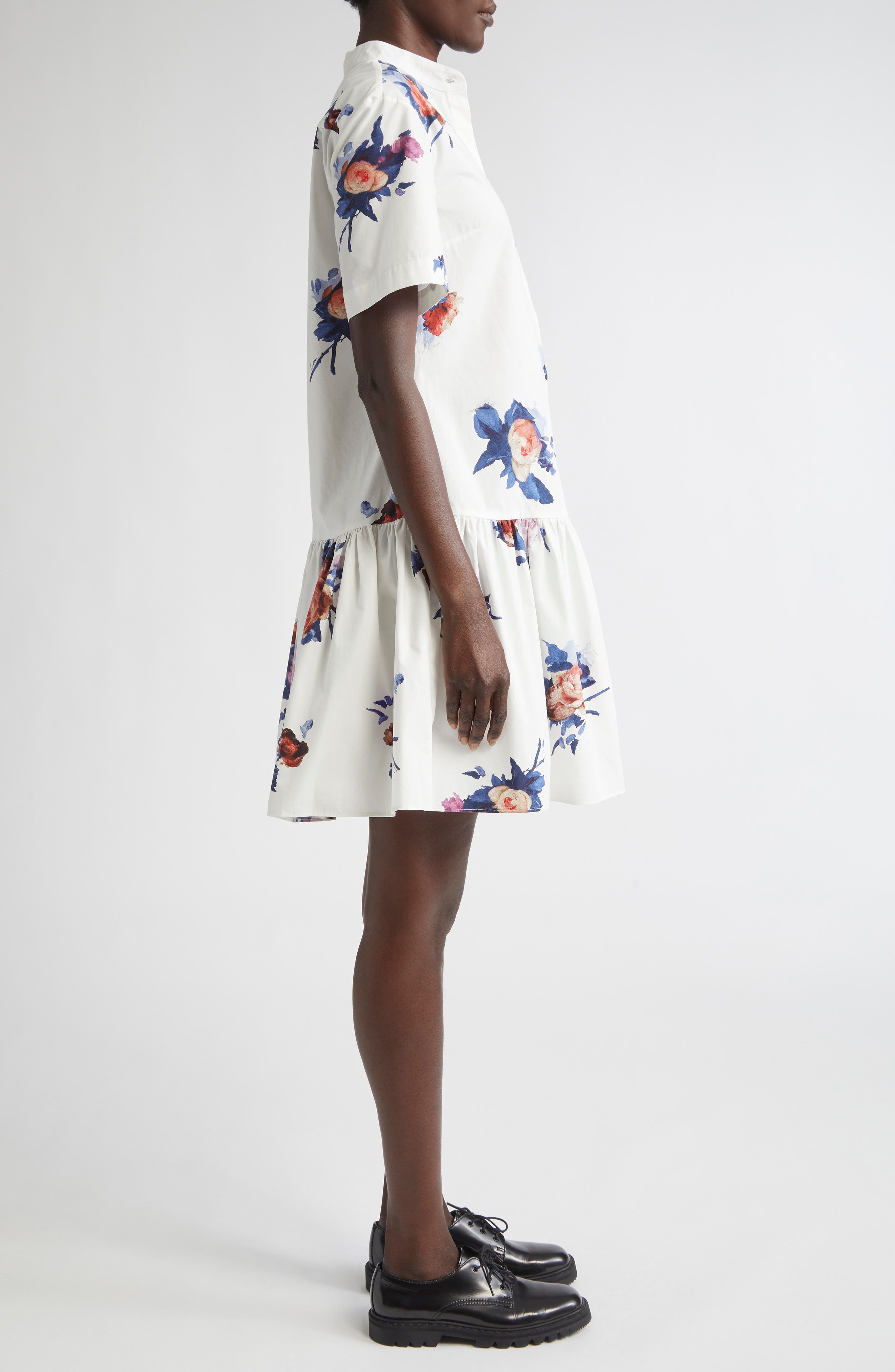 Erdem Short Sleeve Cotton Poplin Mini Shirtdress in Painted Rose Bouquet White at Nordstrom - 3