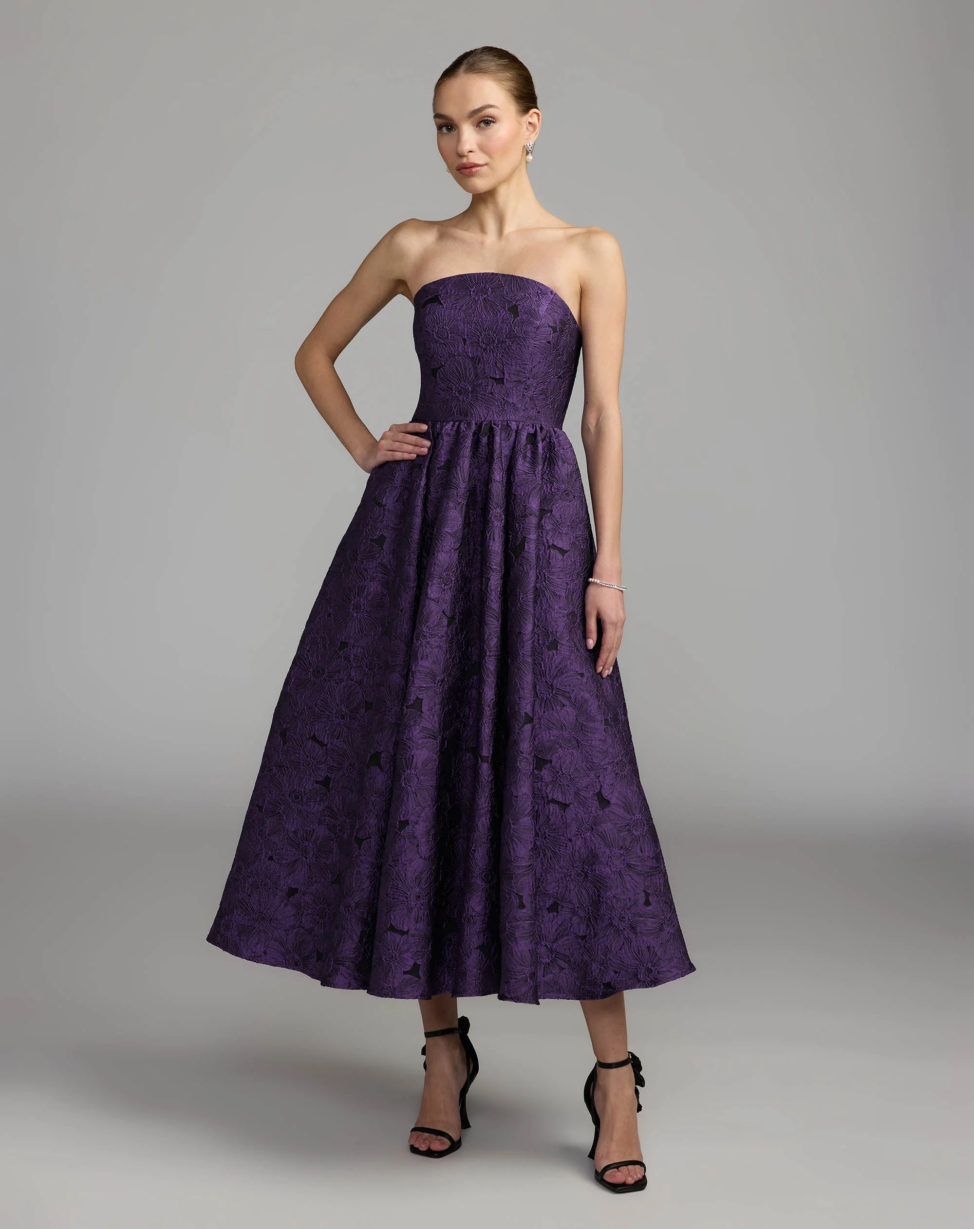 Ultra Violet Floral Brocade Strapless Midi Dress - 1