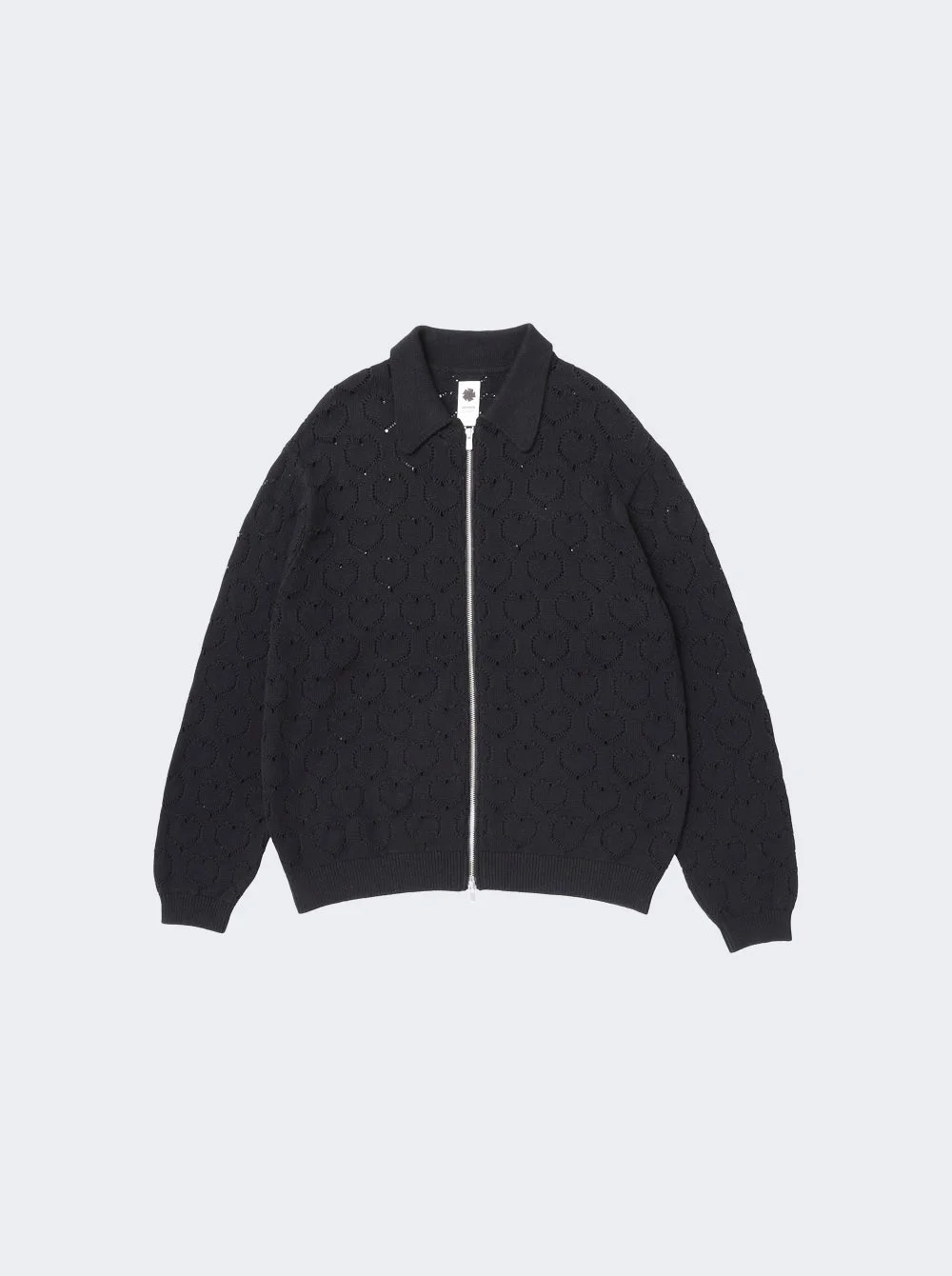 Eyelet Knitted Zip-up Sweater Black - 1