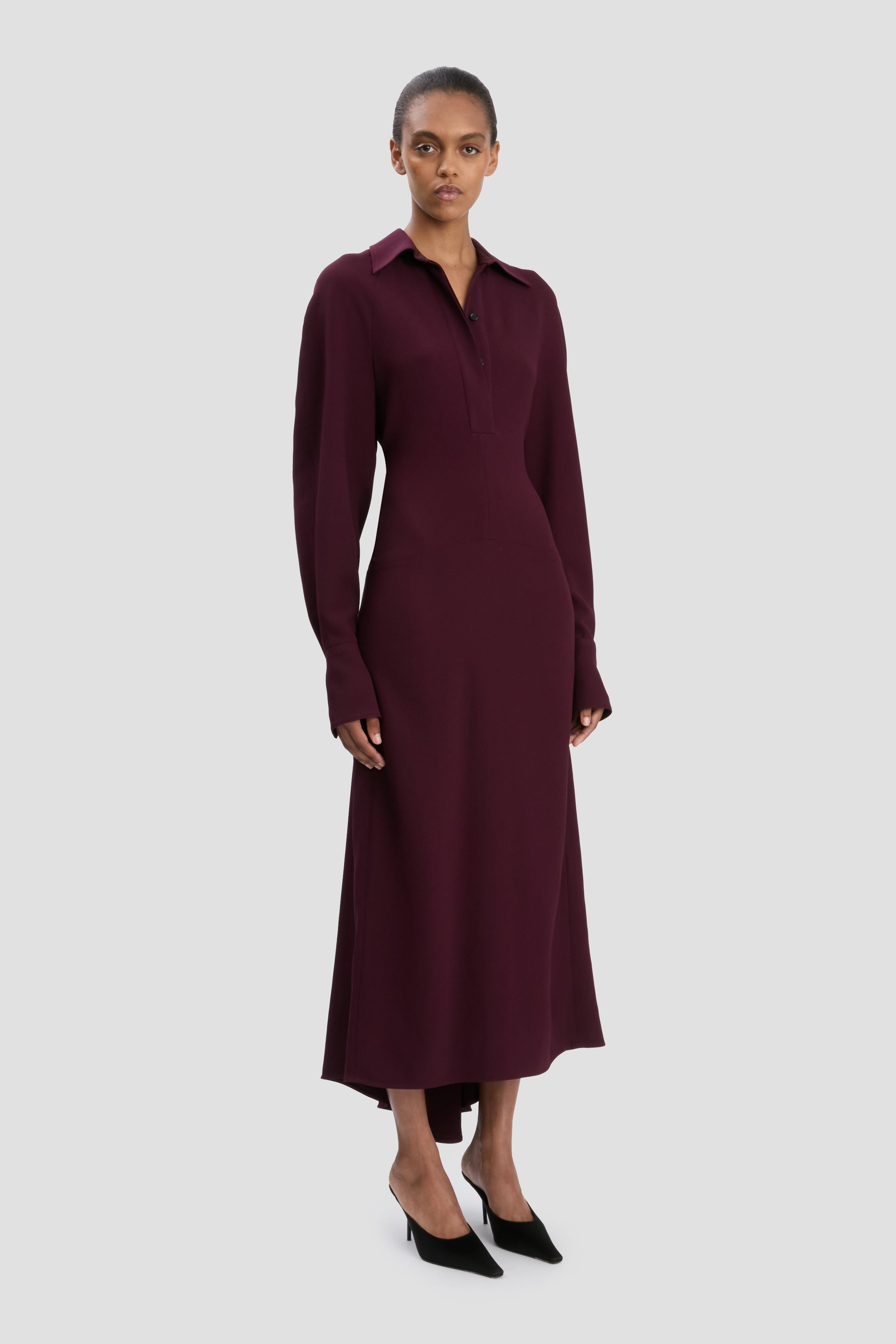 Long Sleeve Polo Collar Midi Dress In Merlot - 3