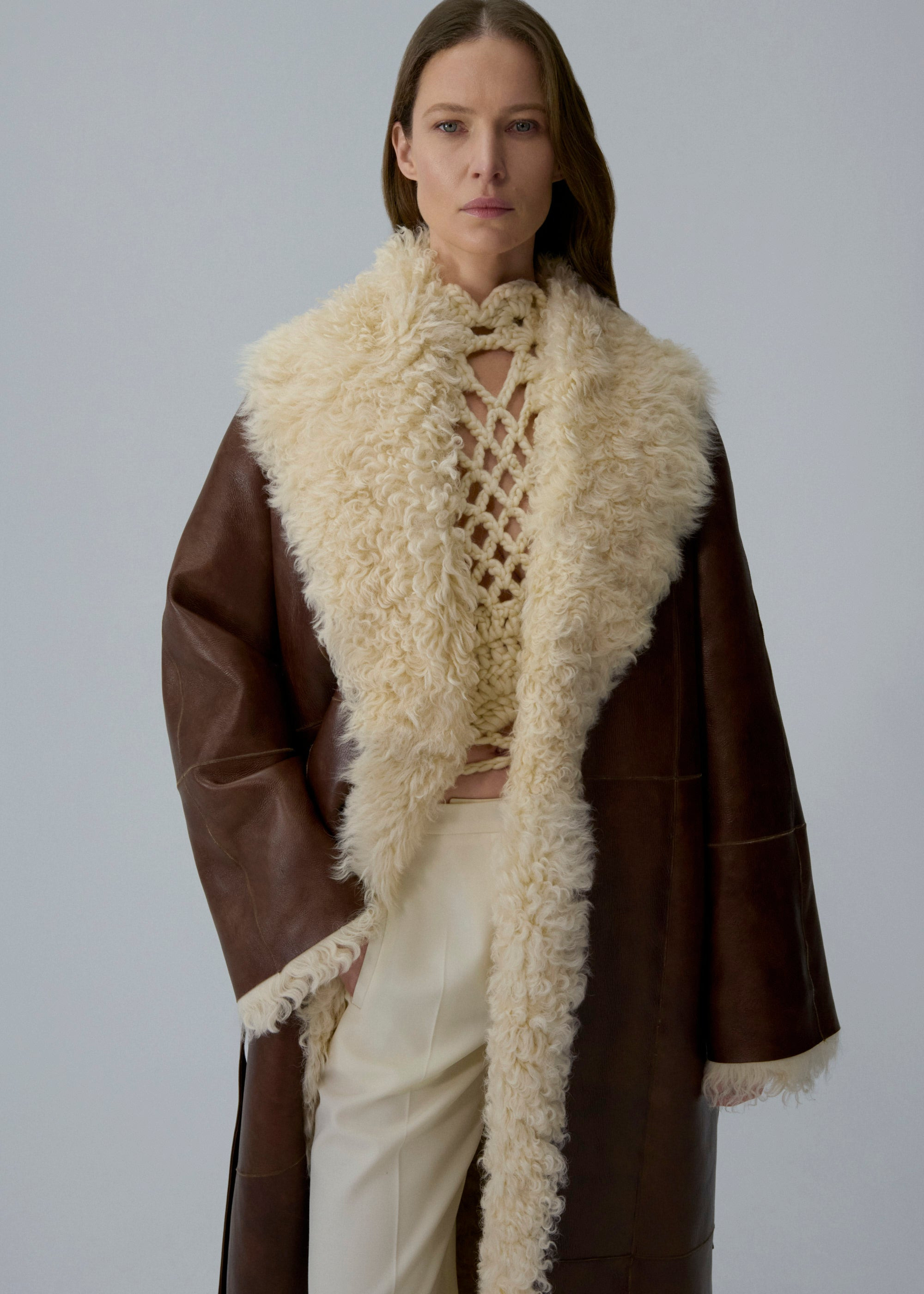 Shearling wrap coat in brown - 3