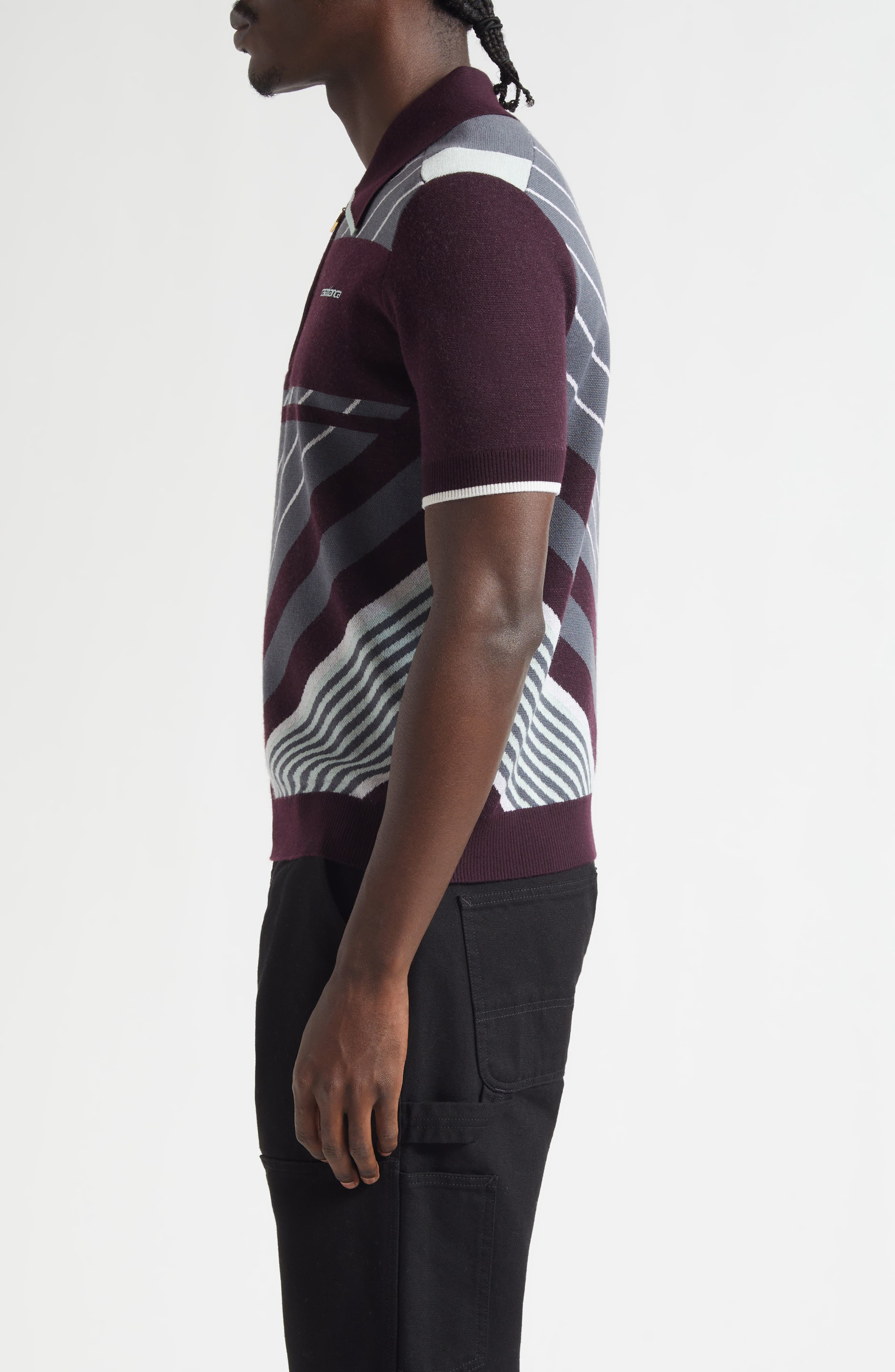 Casablanca Diagonal Stripe Merino Wool Quarter Zip Polo in Aubergine at Nordstrom - 3