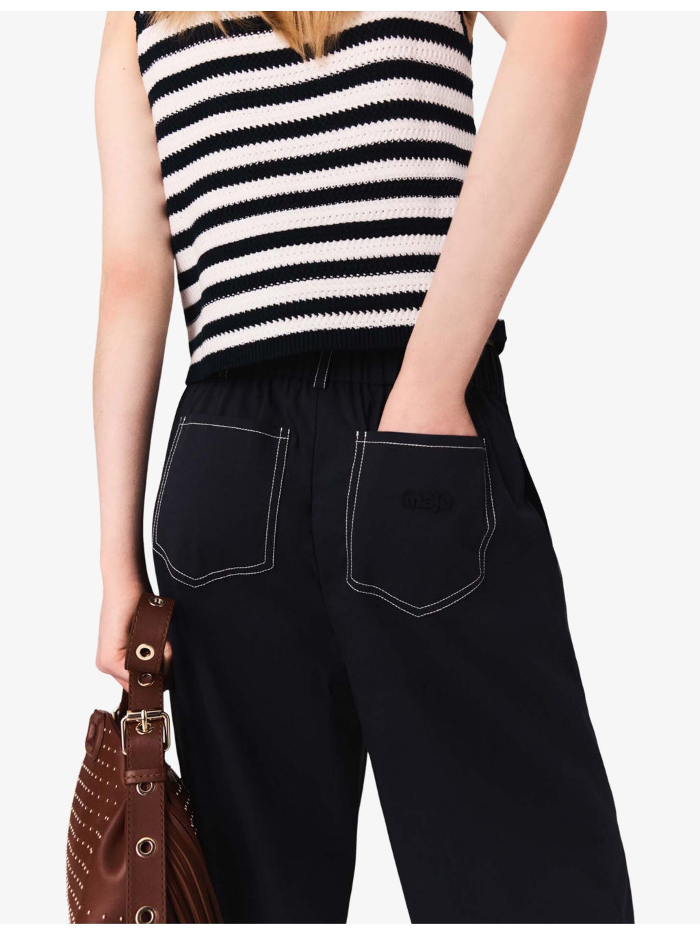 Belted-Waist Contrast-Stitch Stretch-Cotton Trousers - 6