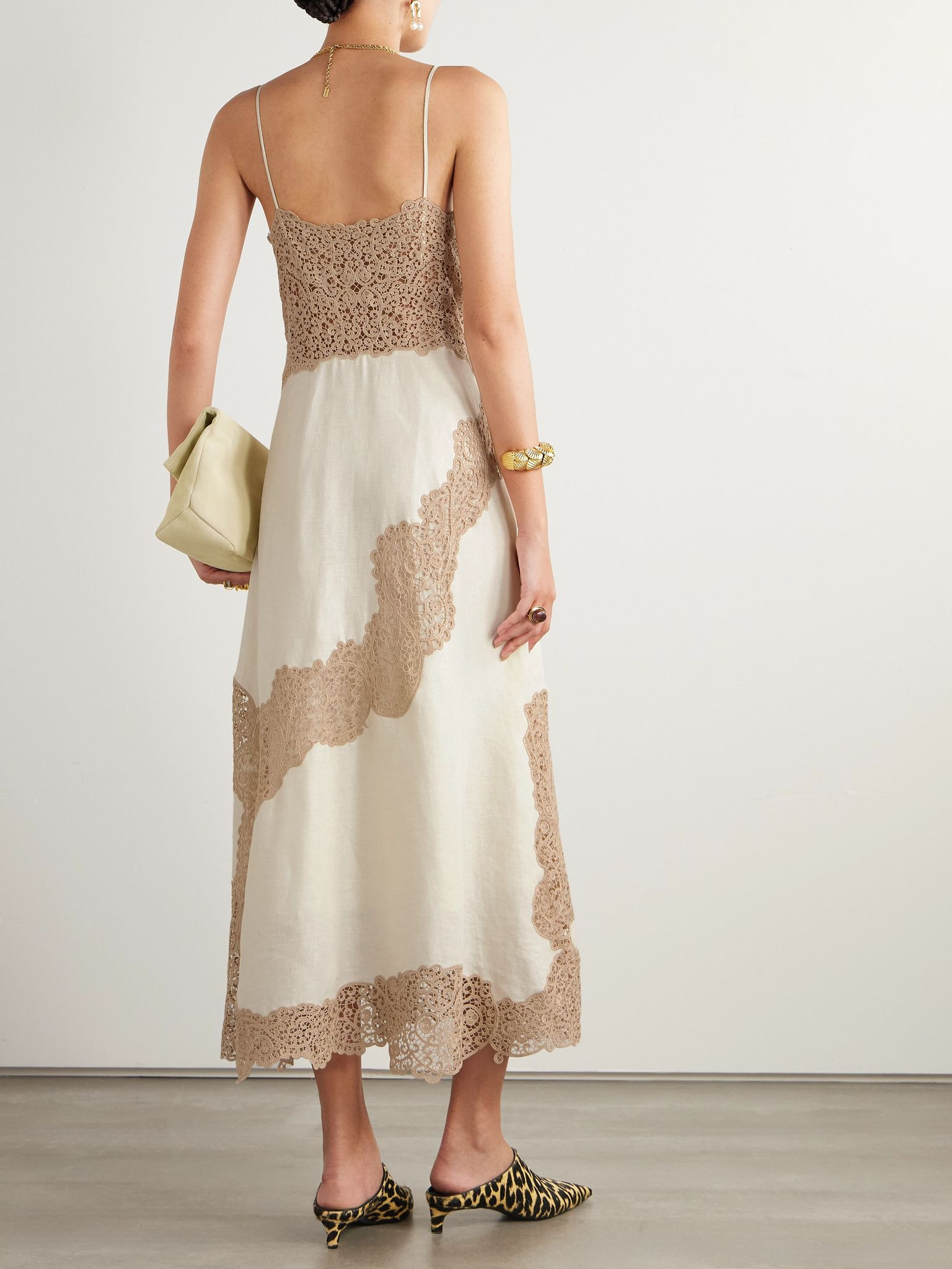 Evangeline guipure lace-trimmed linen midi dress Beige - 3