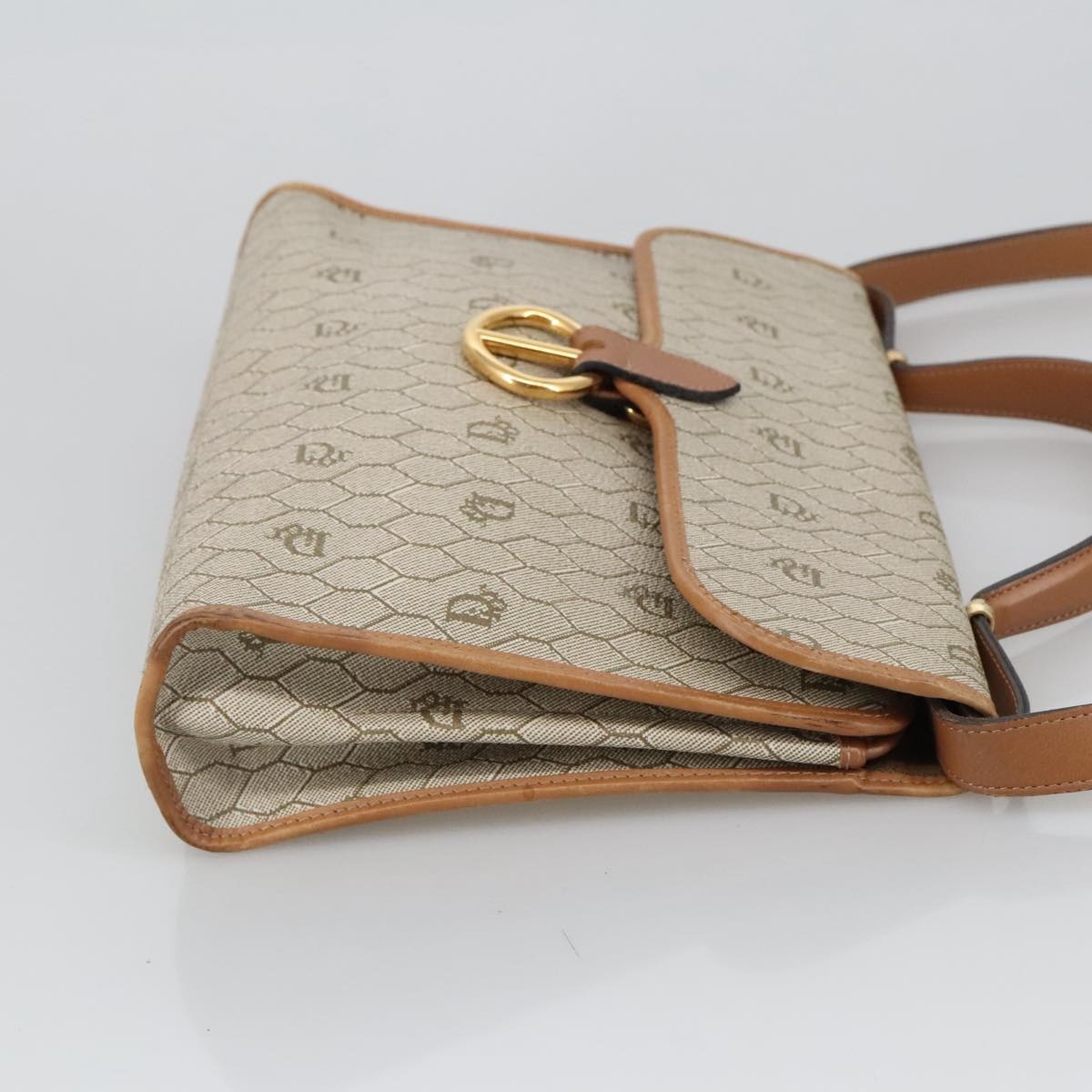 DIOR Honeycomb Canvas Hand Bag Leather Beige Gold - 4