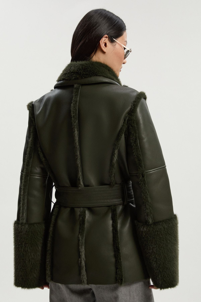 Faux Fur High Neck Belted Biker Coat 5