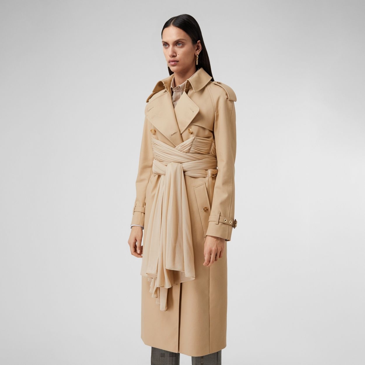 Jersey Sash Detail Cotton Gabardine Trench Coat - 6