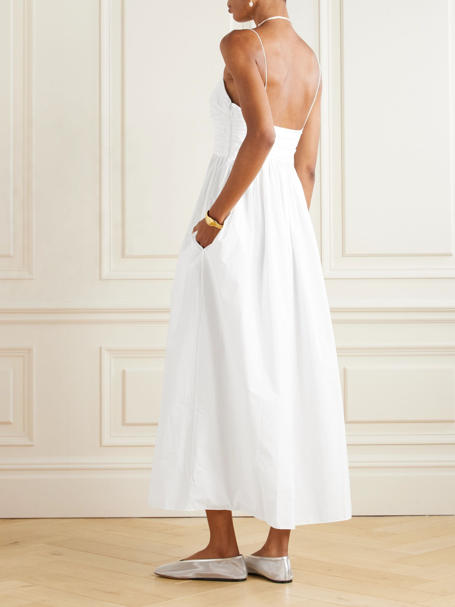 Gathered organic cotton-poplin midi dress White - 3