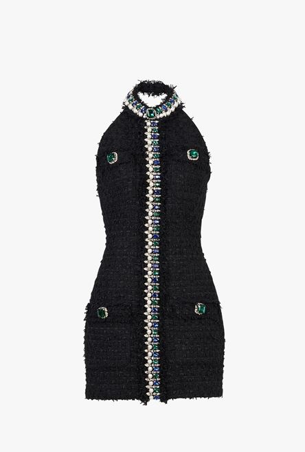 Short black tweed dress with multicolor jewel embroidery - 1