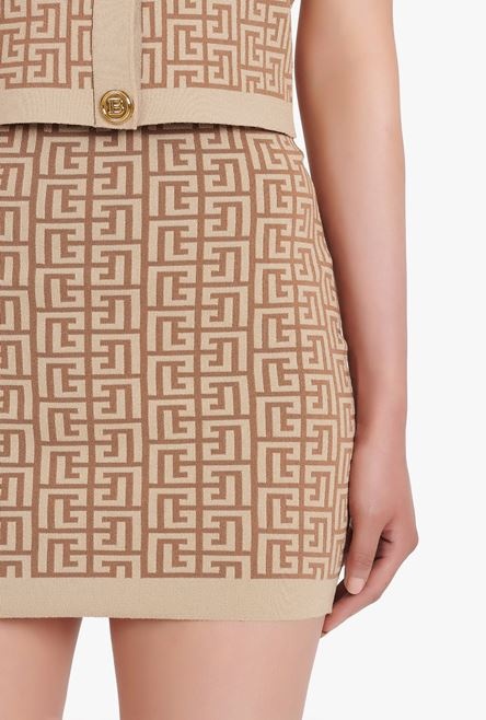 Short brown and gold knit skirt with Balmain monogram - 5