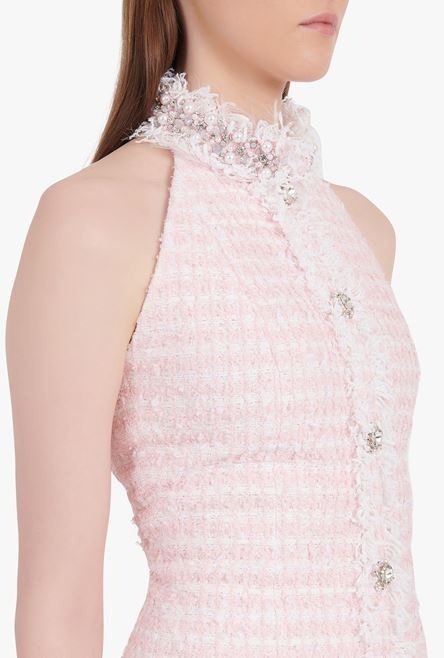 White and pale pink tweed open-back dress with embroideries - 9