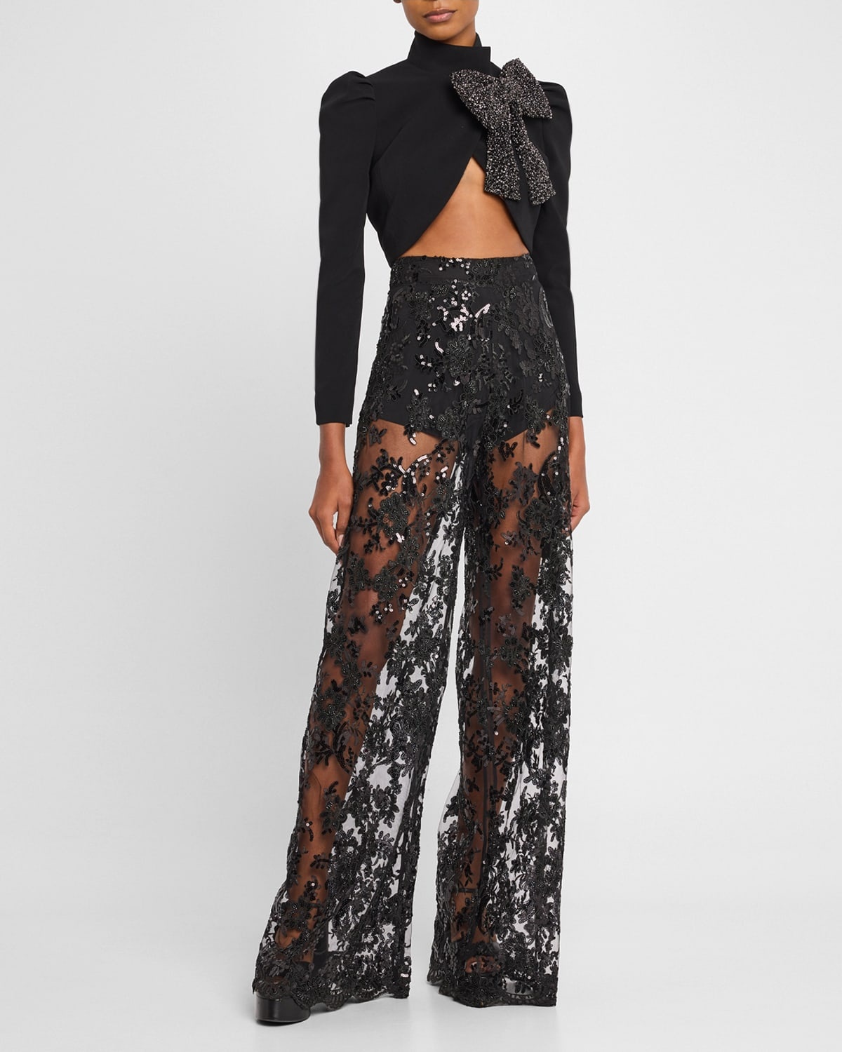Alice + Olivia Athena Embellished Sheer Lace Wide-Leg Pants