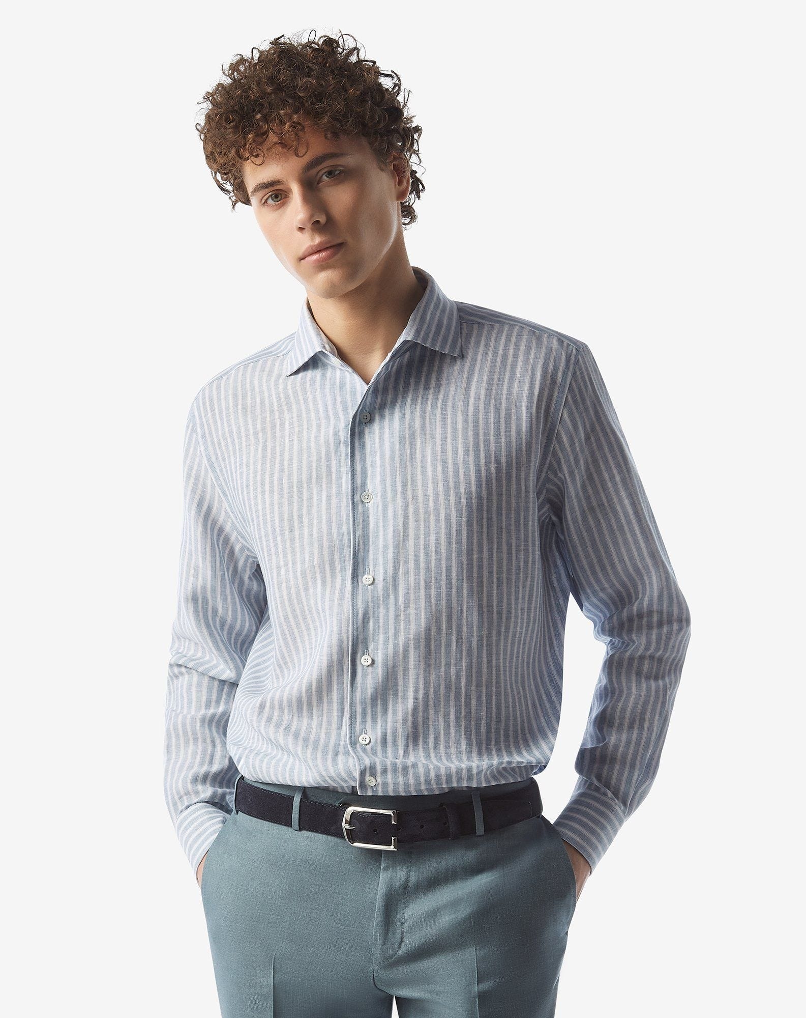 Pure linen shirt with white/light blue striped pattern - 2