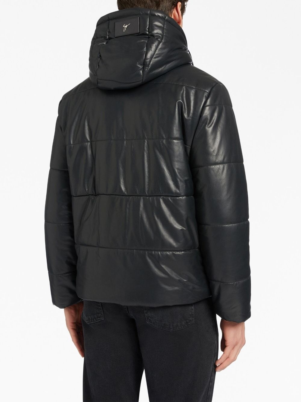 drawstring-hood leather puffer jacket - 4