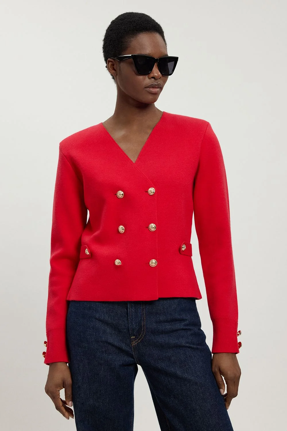 Wool Look Military Double Breasted Knitted Cardigan - 1