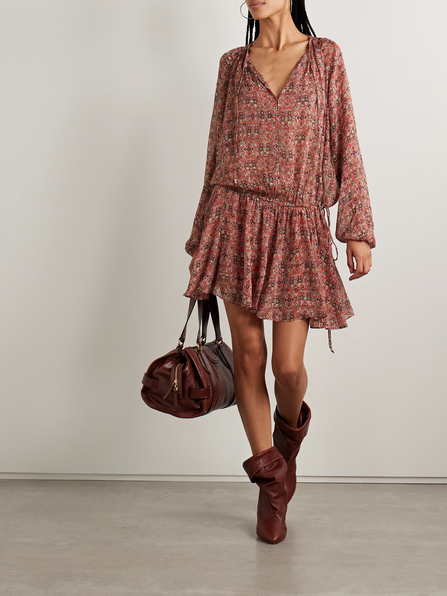 Bess gathered printed georgette mini dress Red - 2