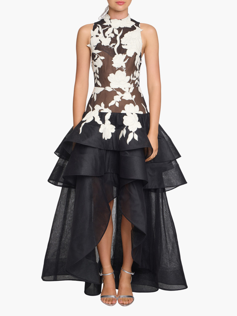 LEATHER GUIPURE HIGH NECK SLEEVELESS TIERED GOWN 1