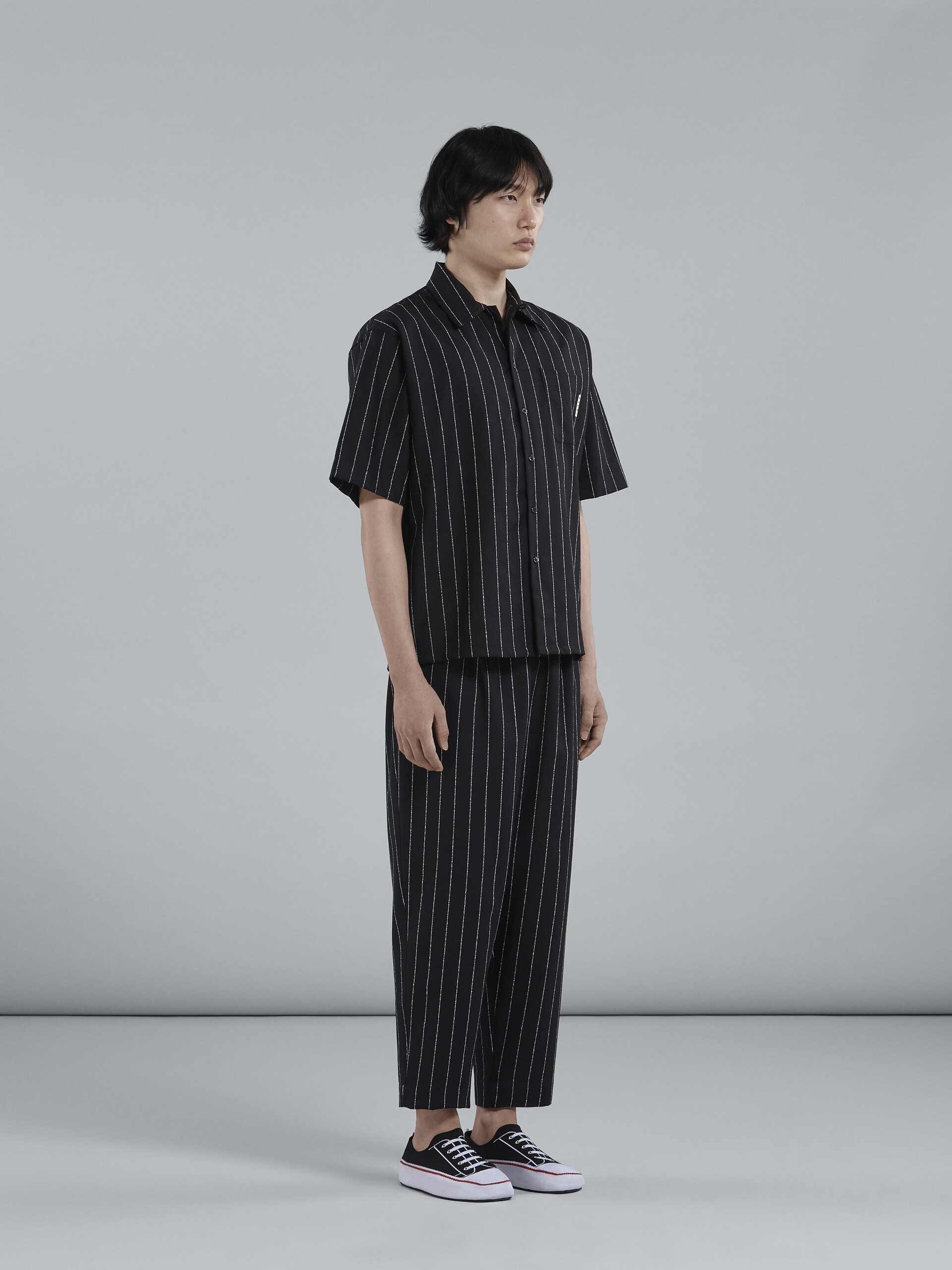 BLACK PINSTRIPED FRESCO WOOL BOWLING SHIRT - 5