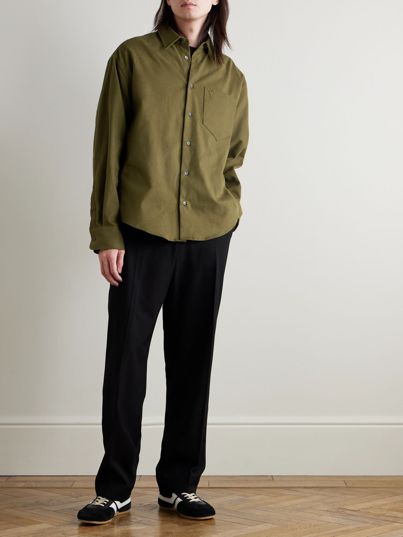 AMI Paris Logo-Debossed Brushed Cotton Oxford Shirt Green outlook