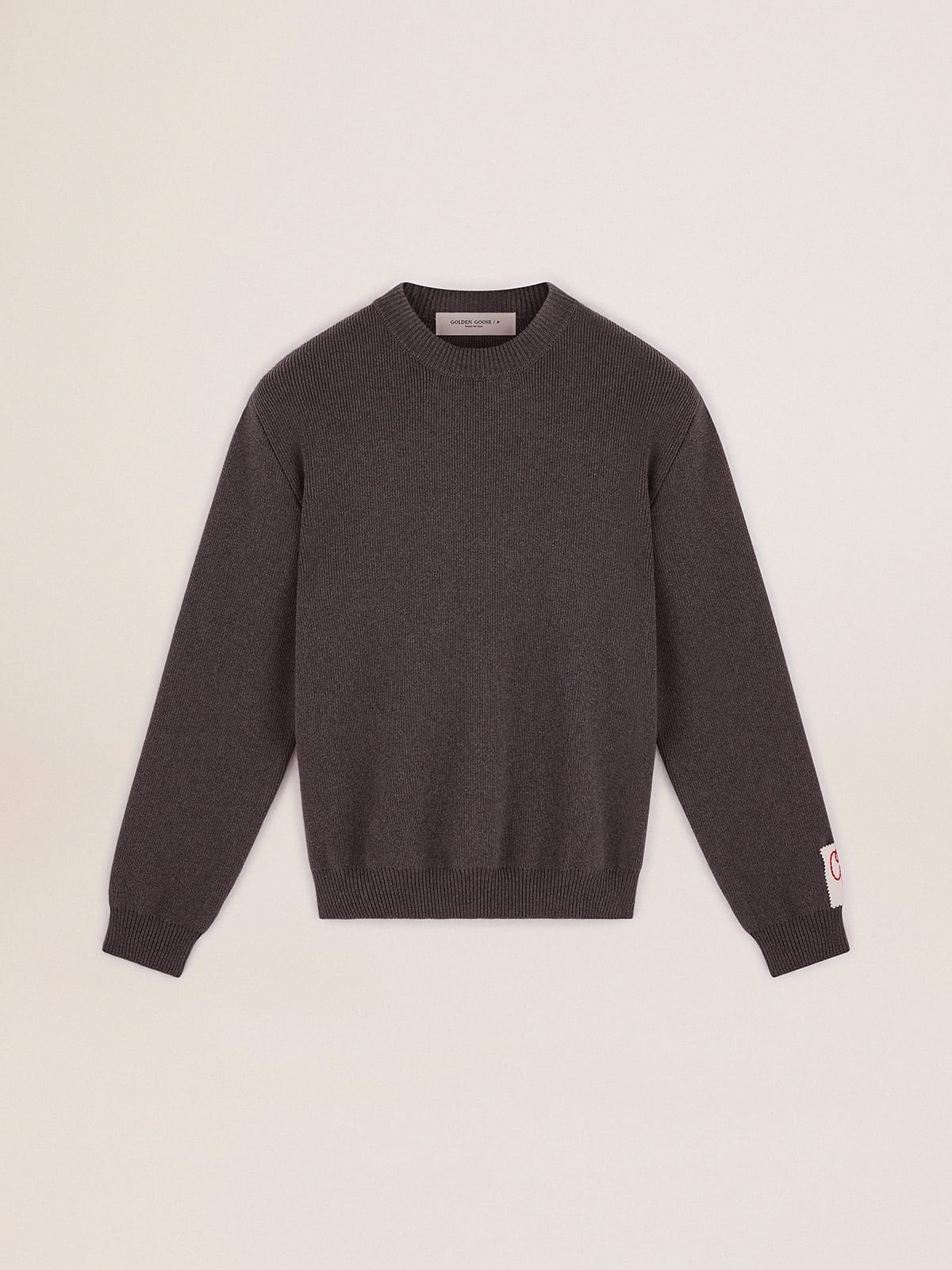 Men's round-neck sweater in dark gray cotton with logo on the back - 1