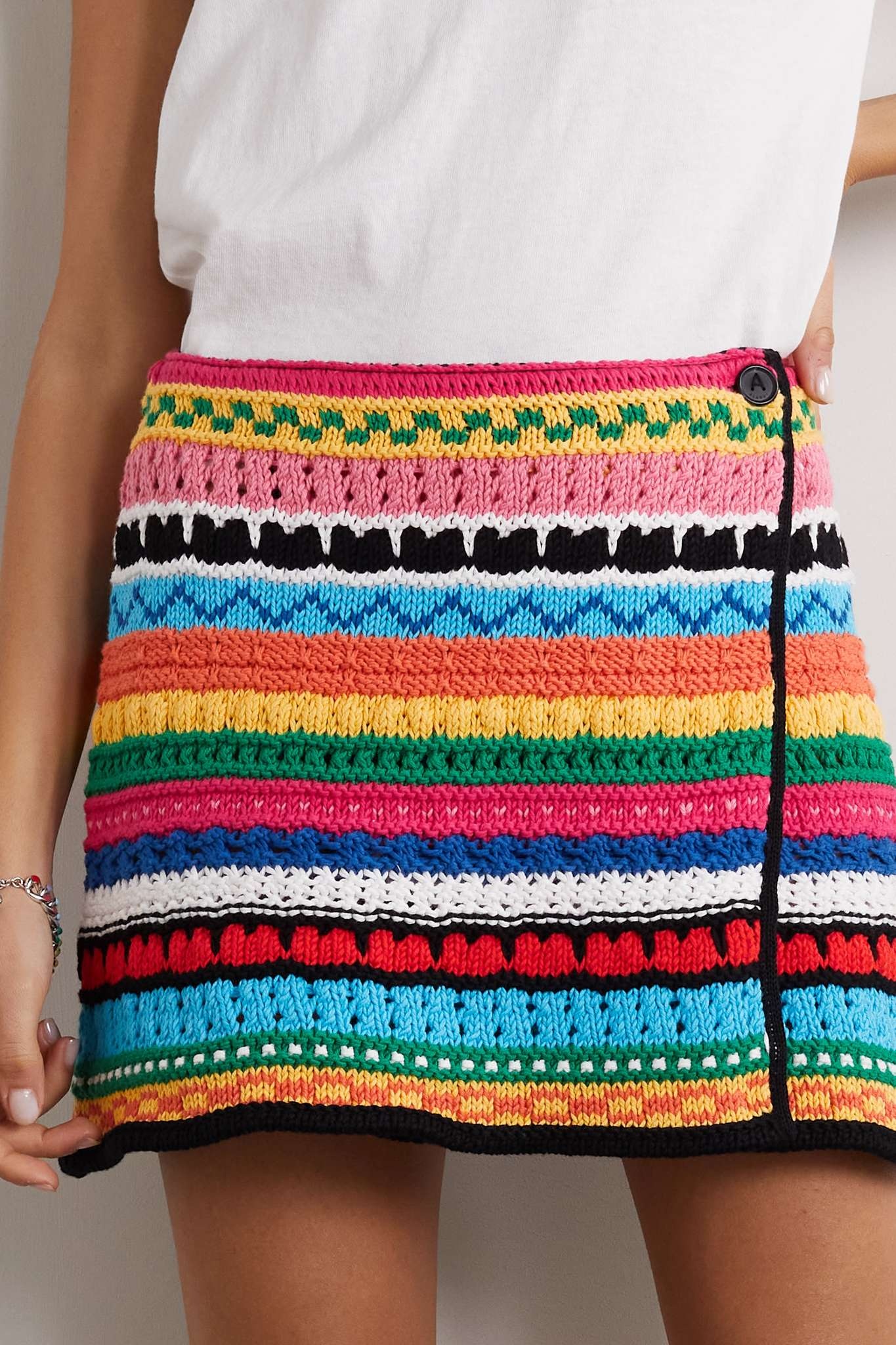 Over The Horizon striped crocheted cotton mini wrap skirt - 3
