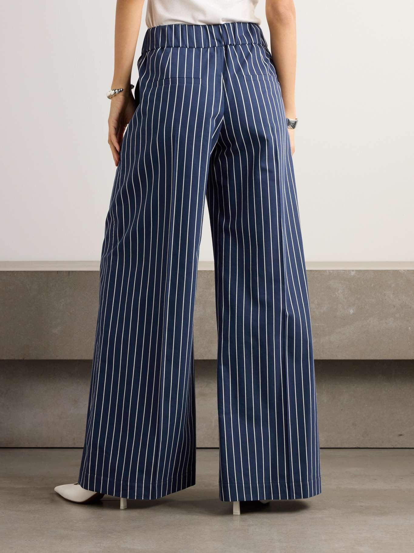 Striped cotton and silk-blend twill wide-leg pants Navy - 4