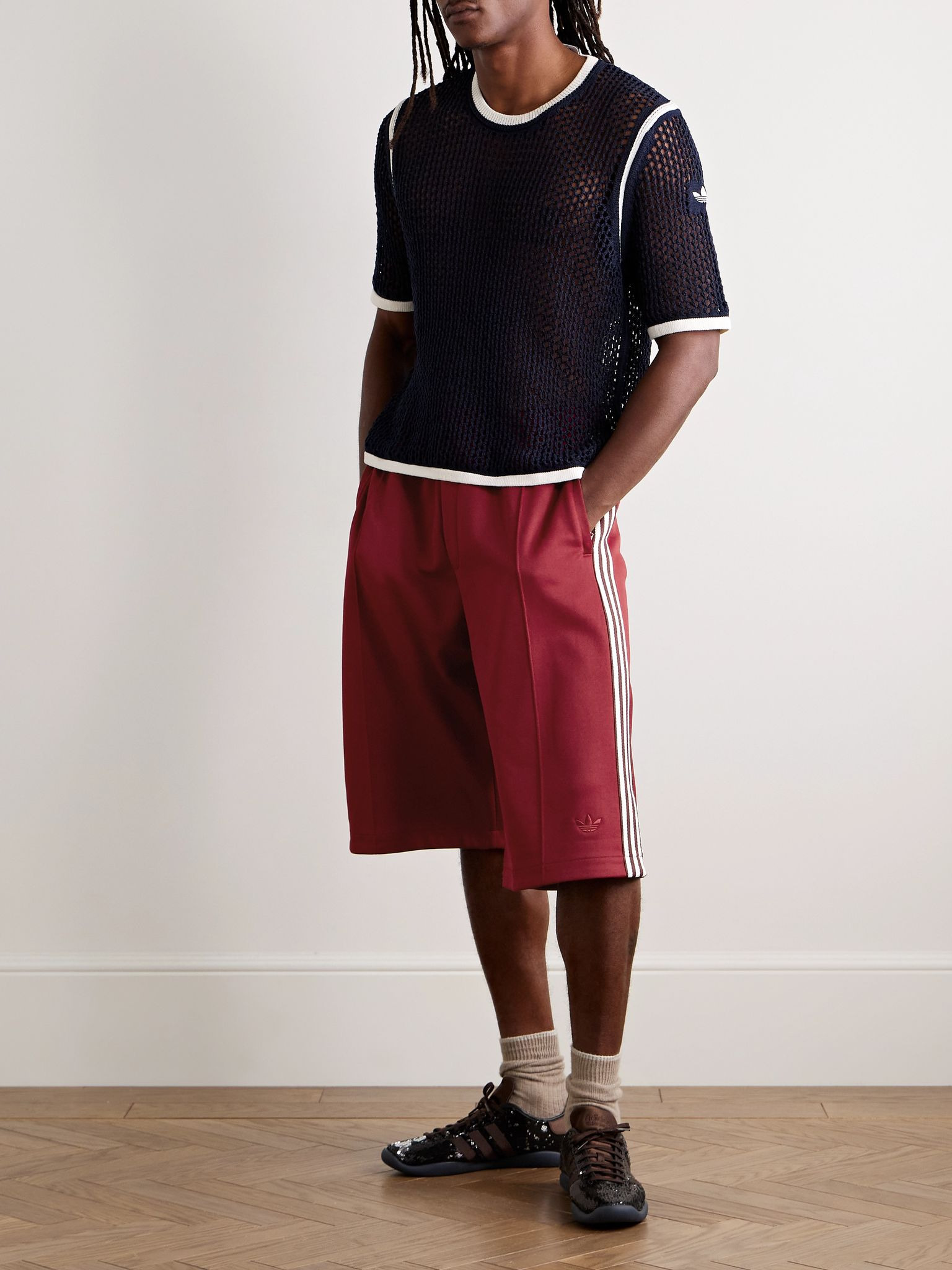 + Wales Bonner Wide-Leg Striped Recycled-Jersey Drawstring Shorts Burgundy - 2