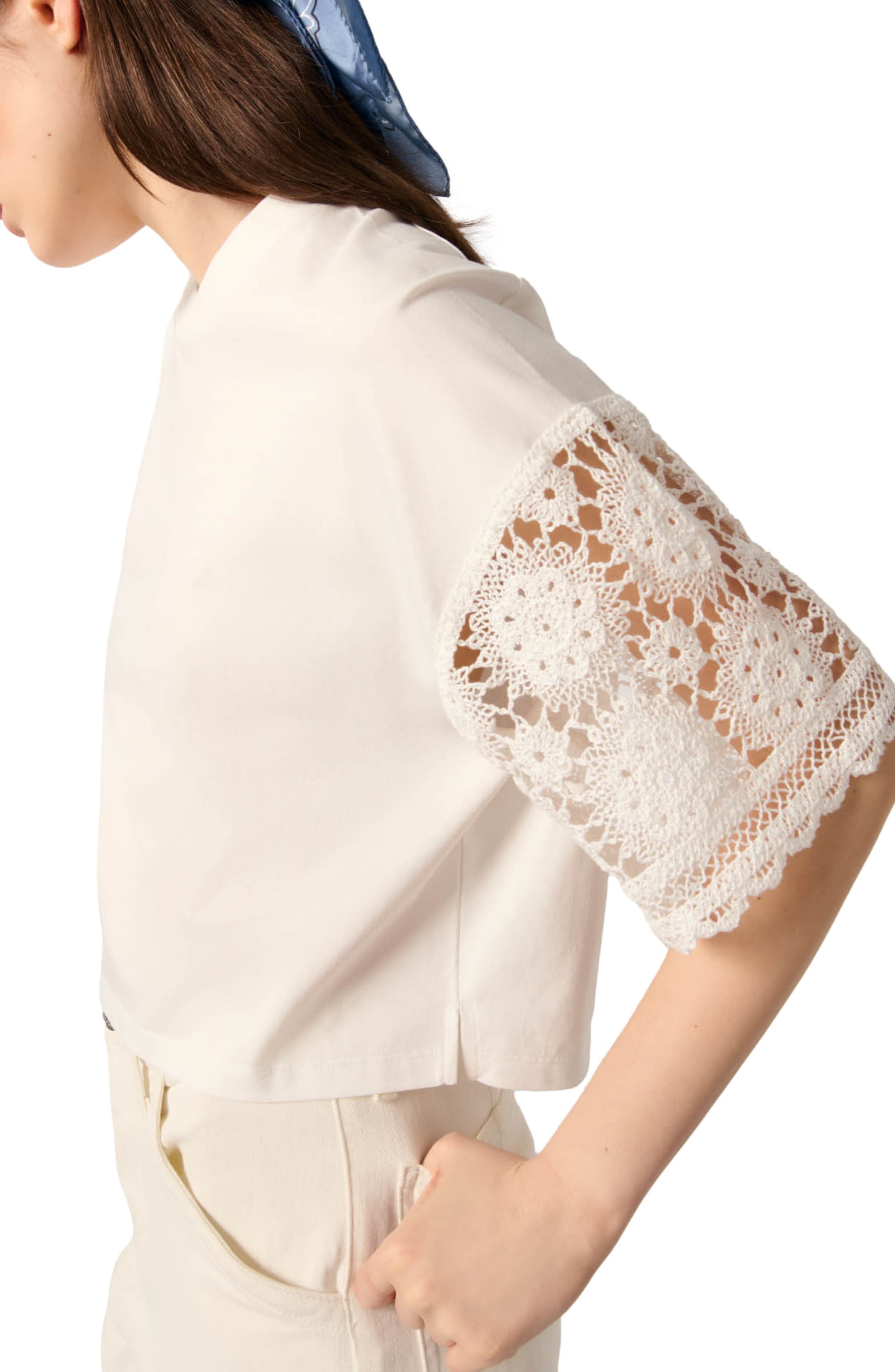 maje T-shirt with crochet sleeves in White at Nordstrom - 6
